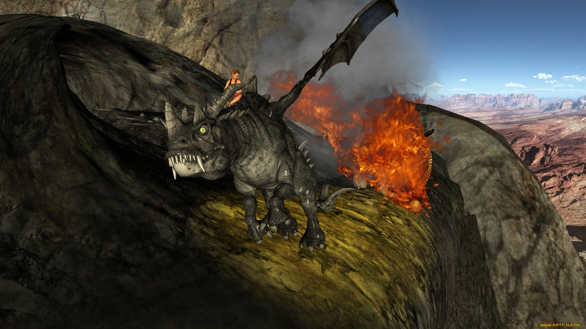 3д, графика, фантазия, , fantasy, дракон, фон, взгляд, девушка