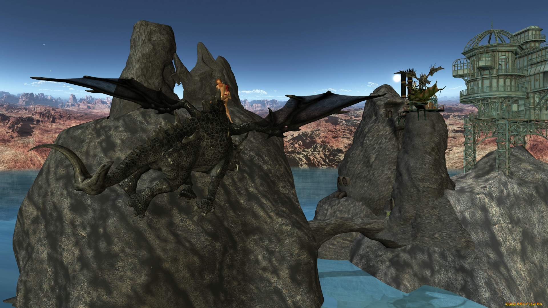 3д, графика, фантазия, , fantasy, взгляд, девушка, дракон, фон