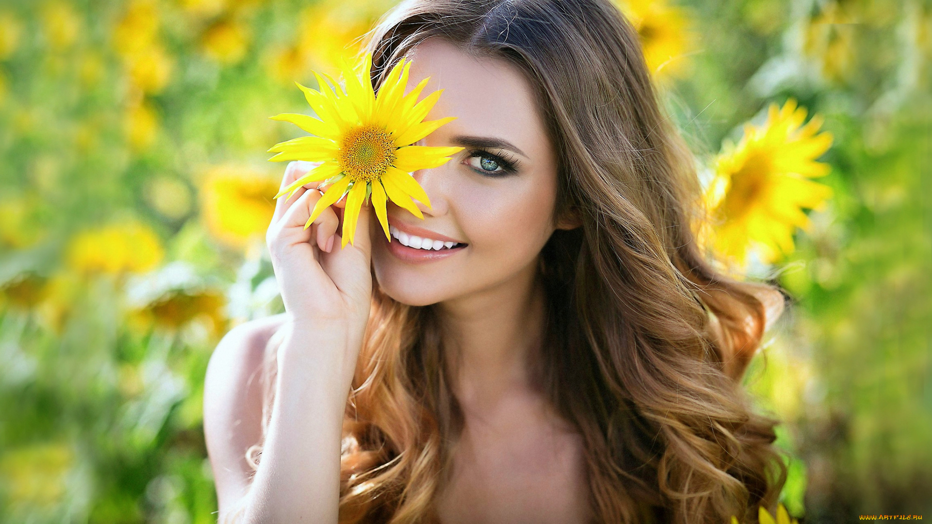 девушки, -unsort, , лица, , портреты, подсолнух, улыбка, глаз