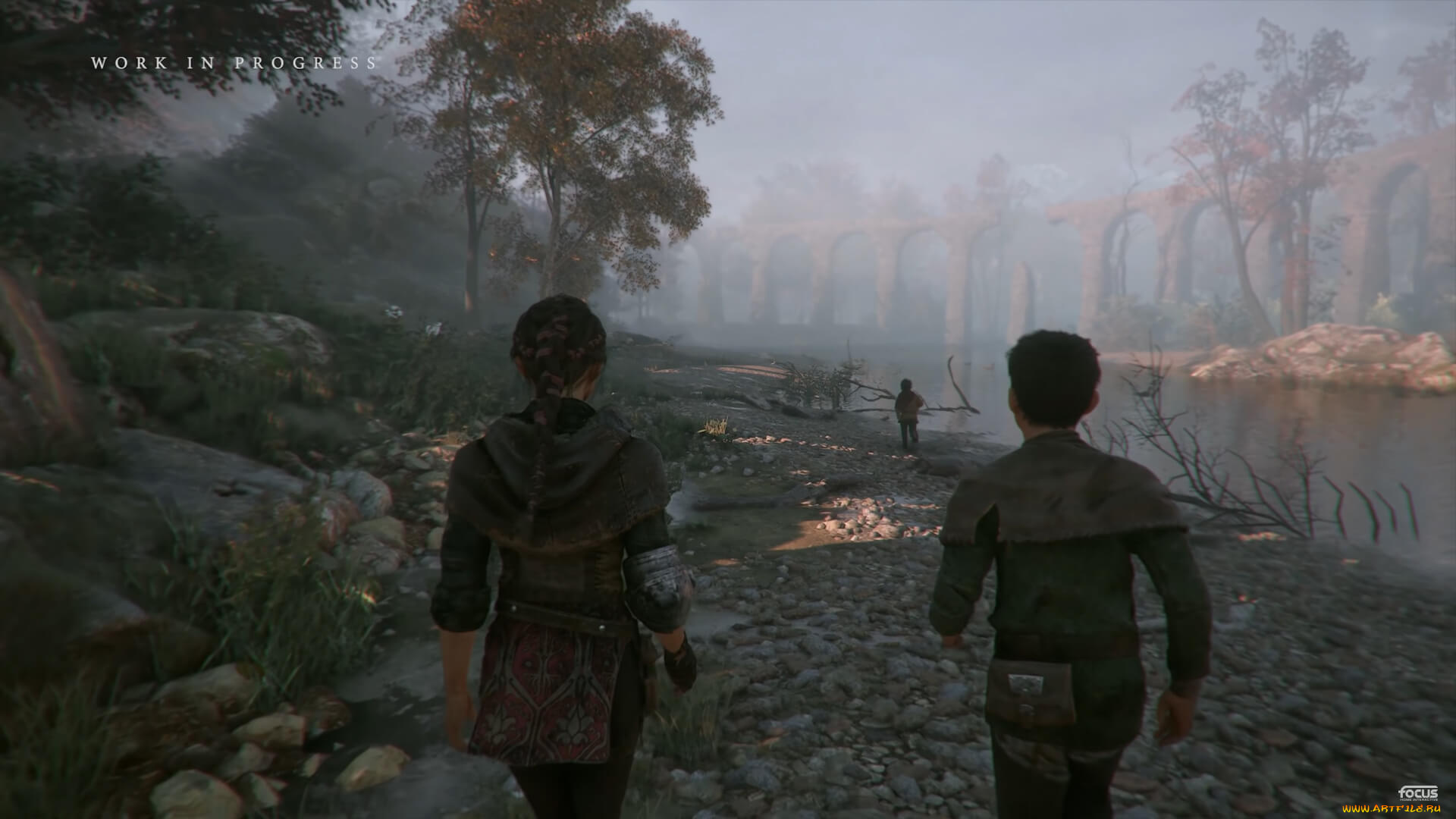 видео, игры, a, plague, tale, , innocence, деревья, развалины, берег, река, галька, люди