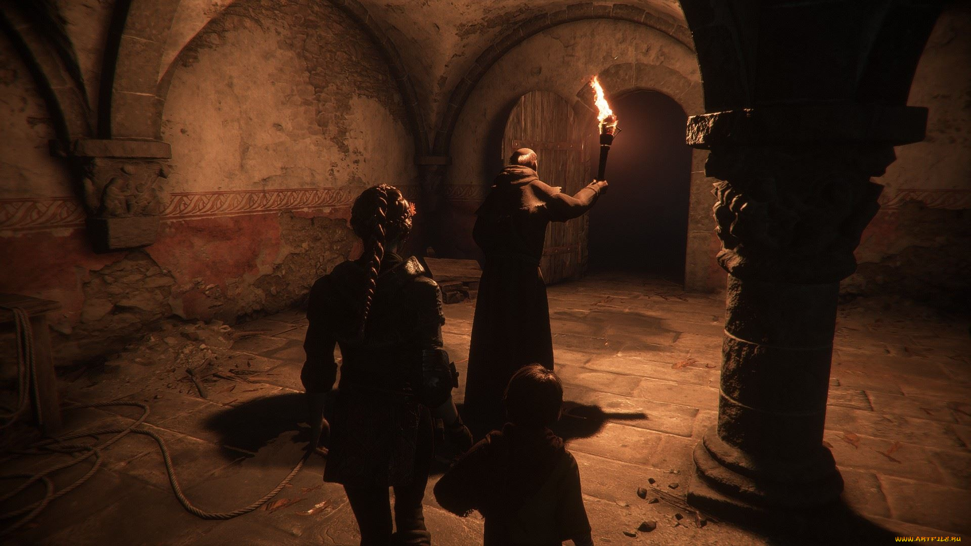 видео, игры, a, plague, tale, , innocence, храм, мальчик, факел, монах, девушка