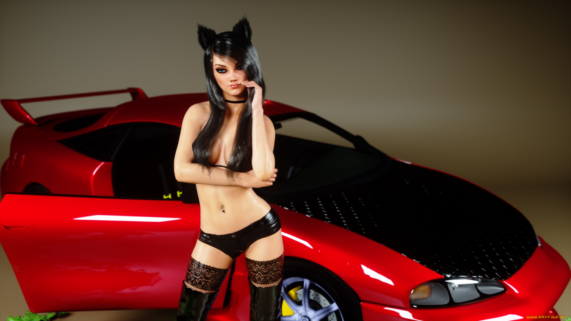 3д, графика, существа, , creatures, девушка, фон, взгляд, ушки, автомобиль, чулки