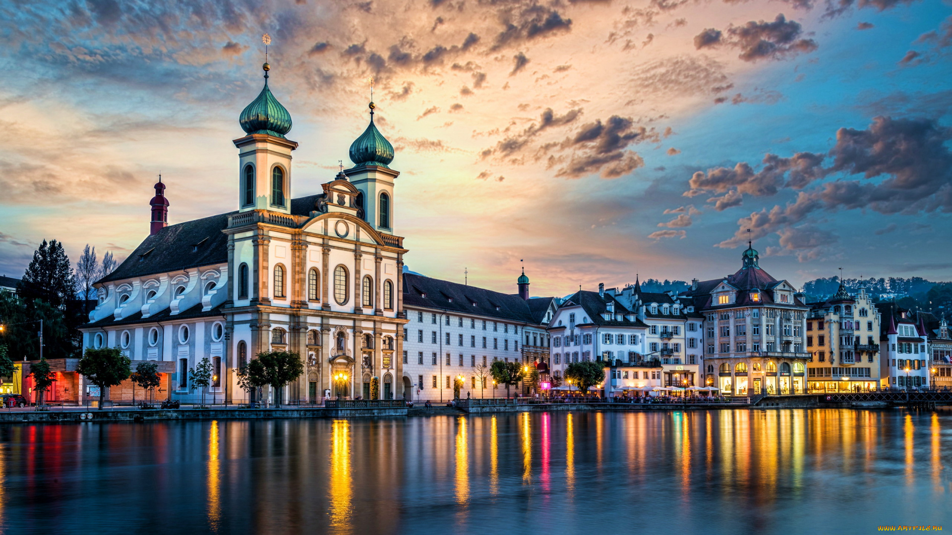 города, люцерн, , швейцария, озеро, собор, вечер, огни