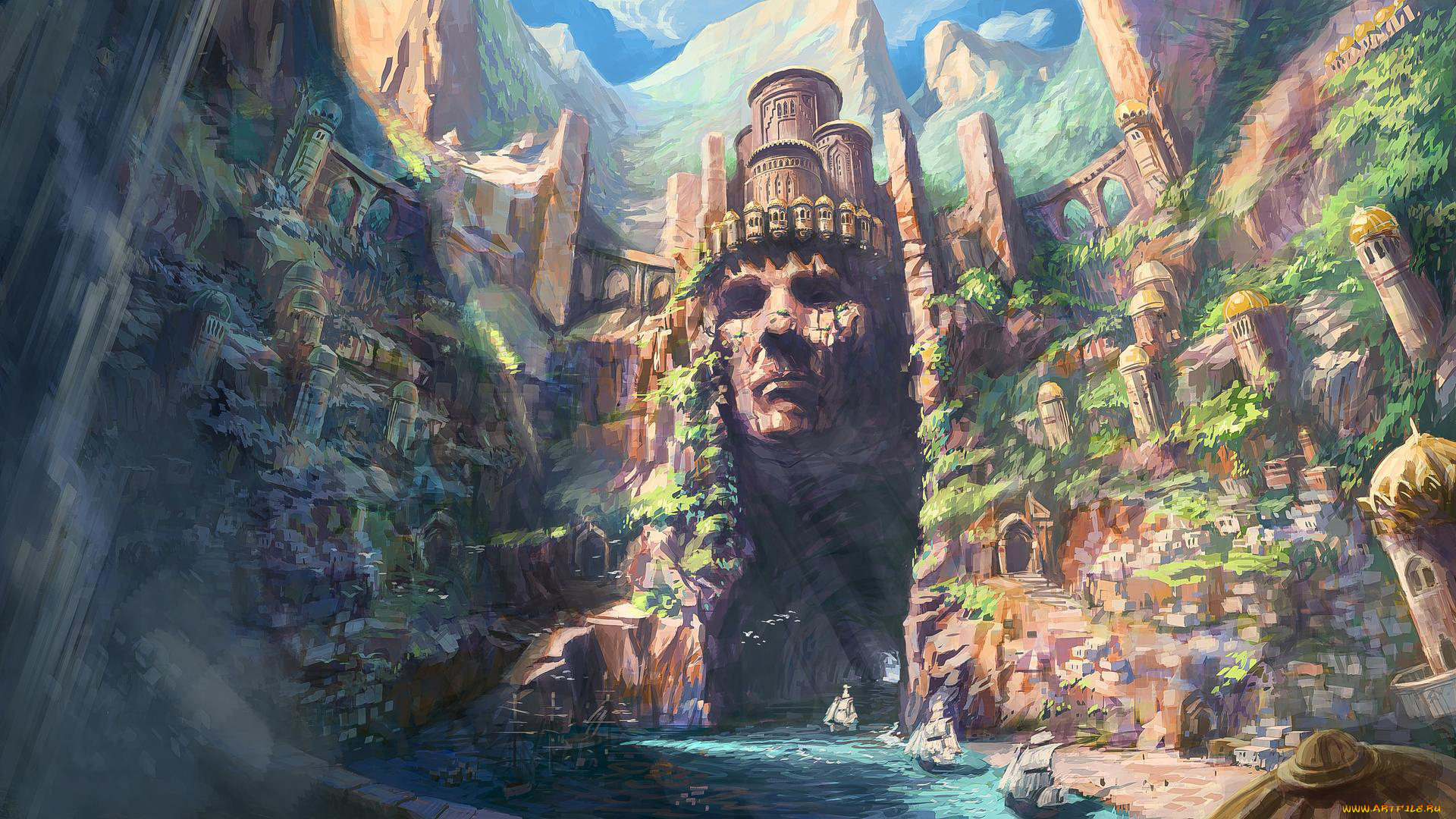 рисованное, города, город, фон, ущелье, лицо, корабль