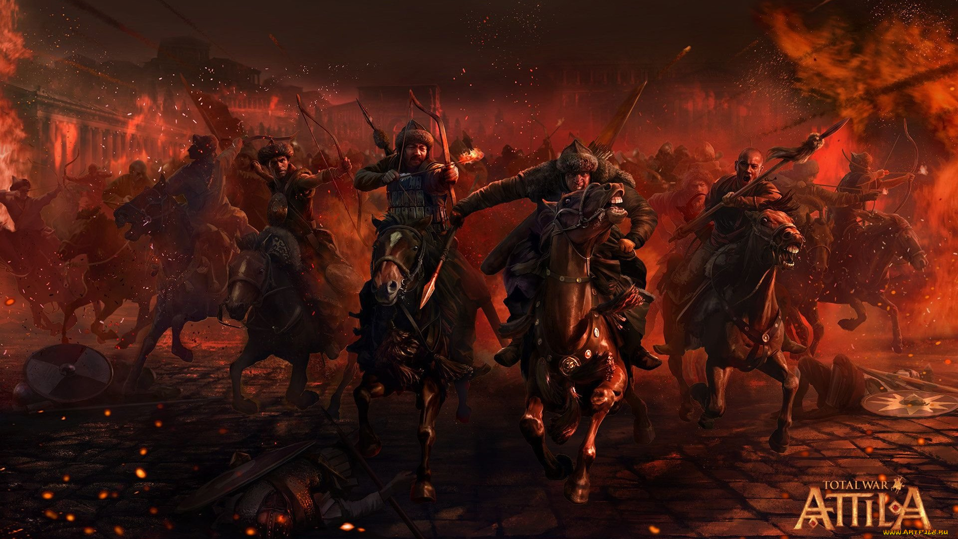 видео, игры, total, war, , attila, город, огонь, всадники, нападение