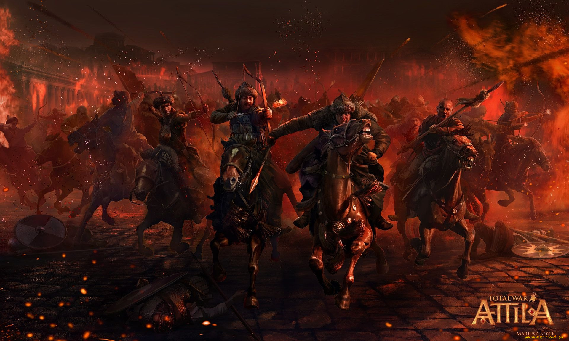 видео, игры, total, war, , attila, город, огонь, всадники, нападение