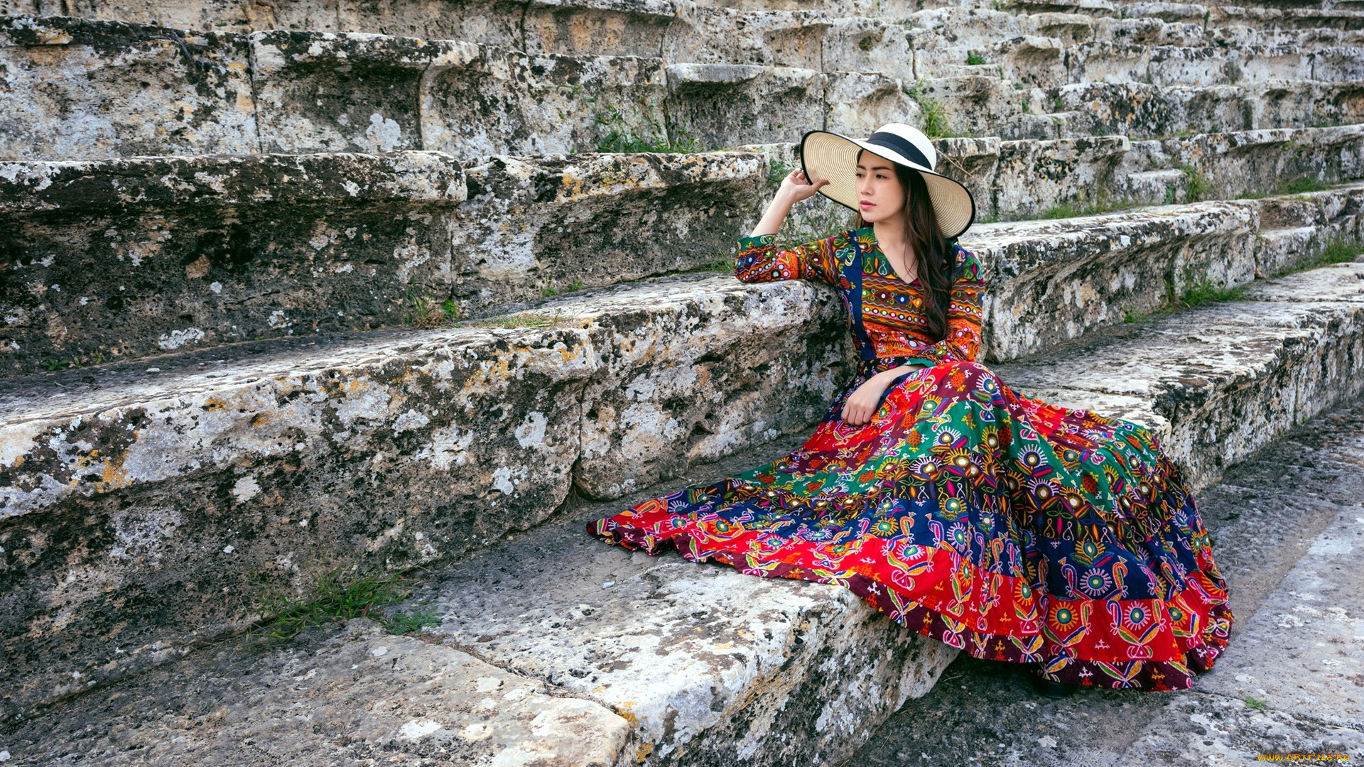 девушки, -, азиатки, каменные, ступени, азиатка, шляпа, цветастое, платье