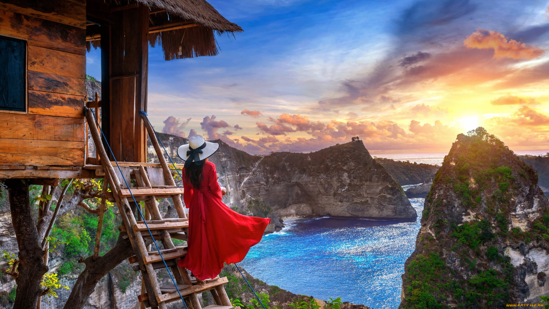 девушки, -, брюнетки, , шатенки, горы, лестница, шляпа, алое, платье