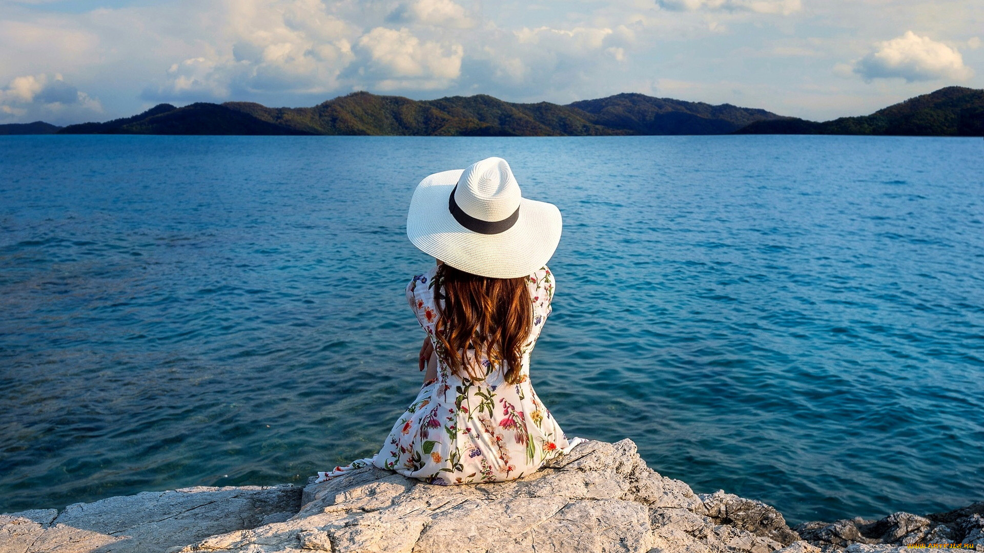 девушки, -, рыжеволосые, и, разноцветные, горы, море, скала, рыженькая, шляпа, платье