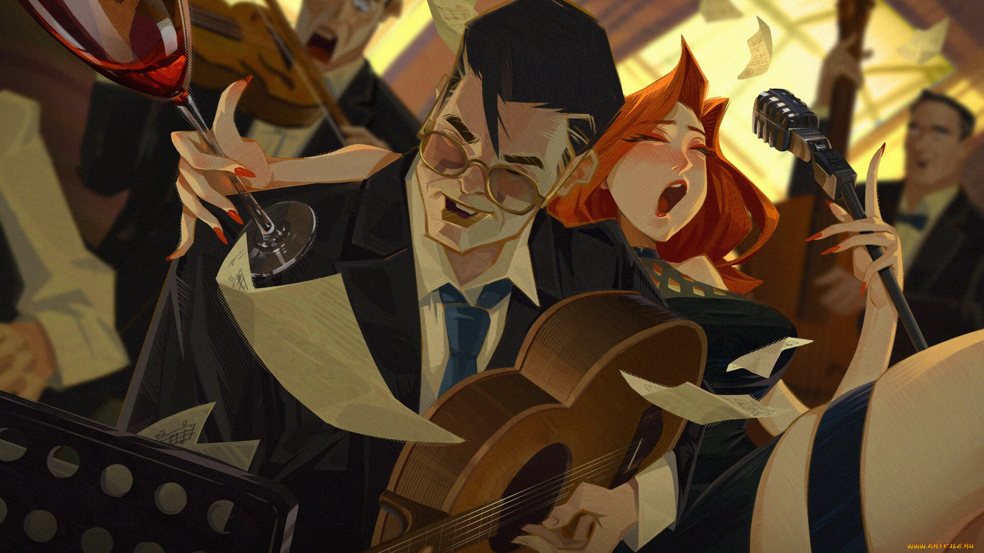 рисованное, люди, вечеринка, музыканты, бокал, инструменты