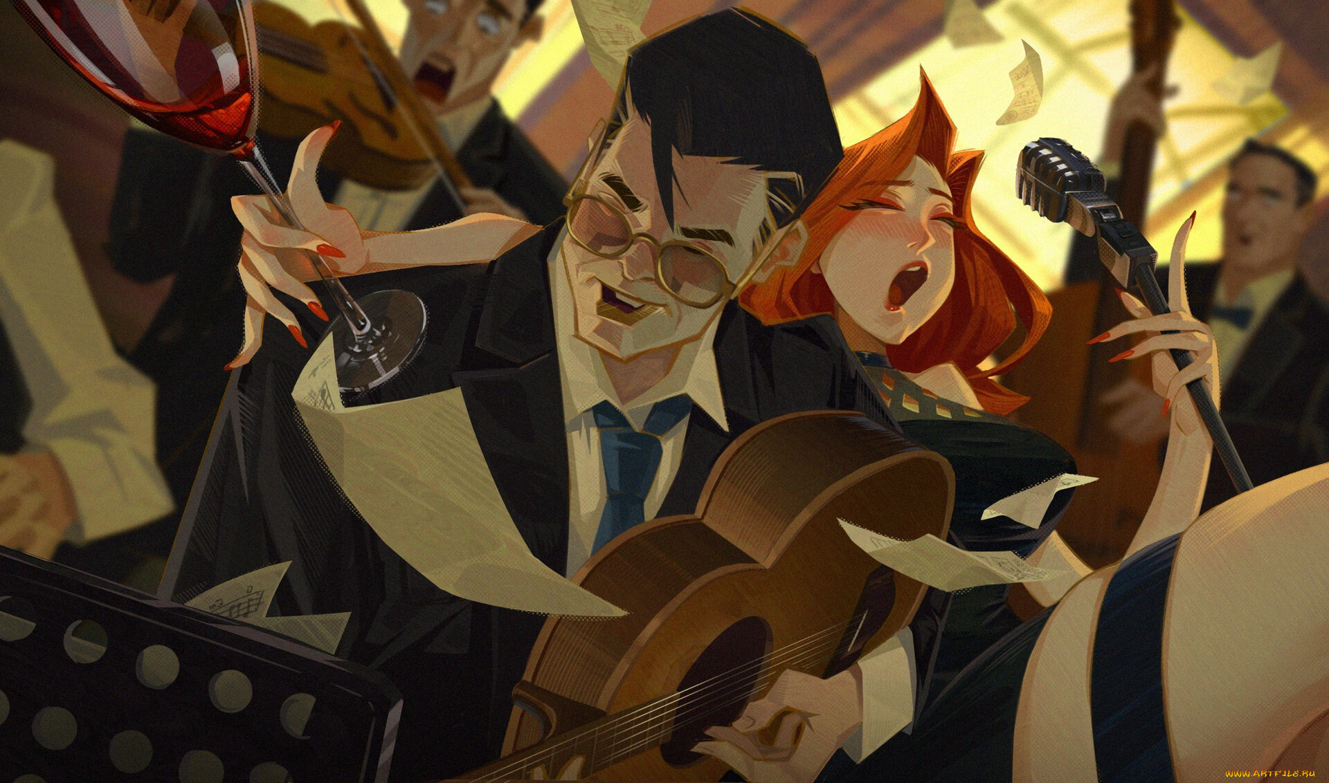 рисованное, люди, вечеринка, музыканты, бокал, инструменты