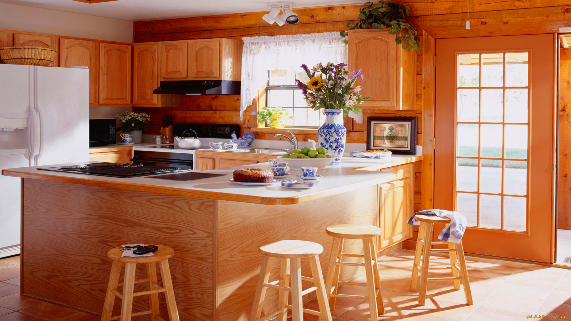 интерьер, кухня, плита, холодильник, шкафчики