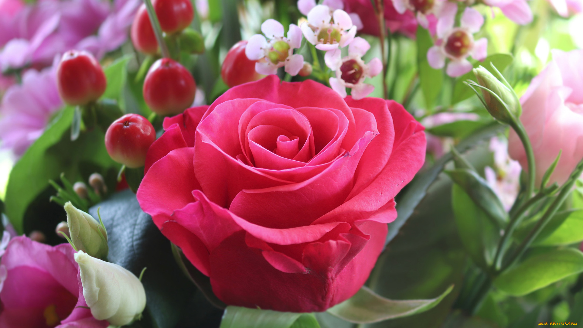 цветы, разные, вместе, роза, эустома