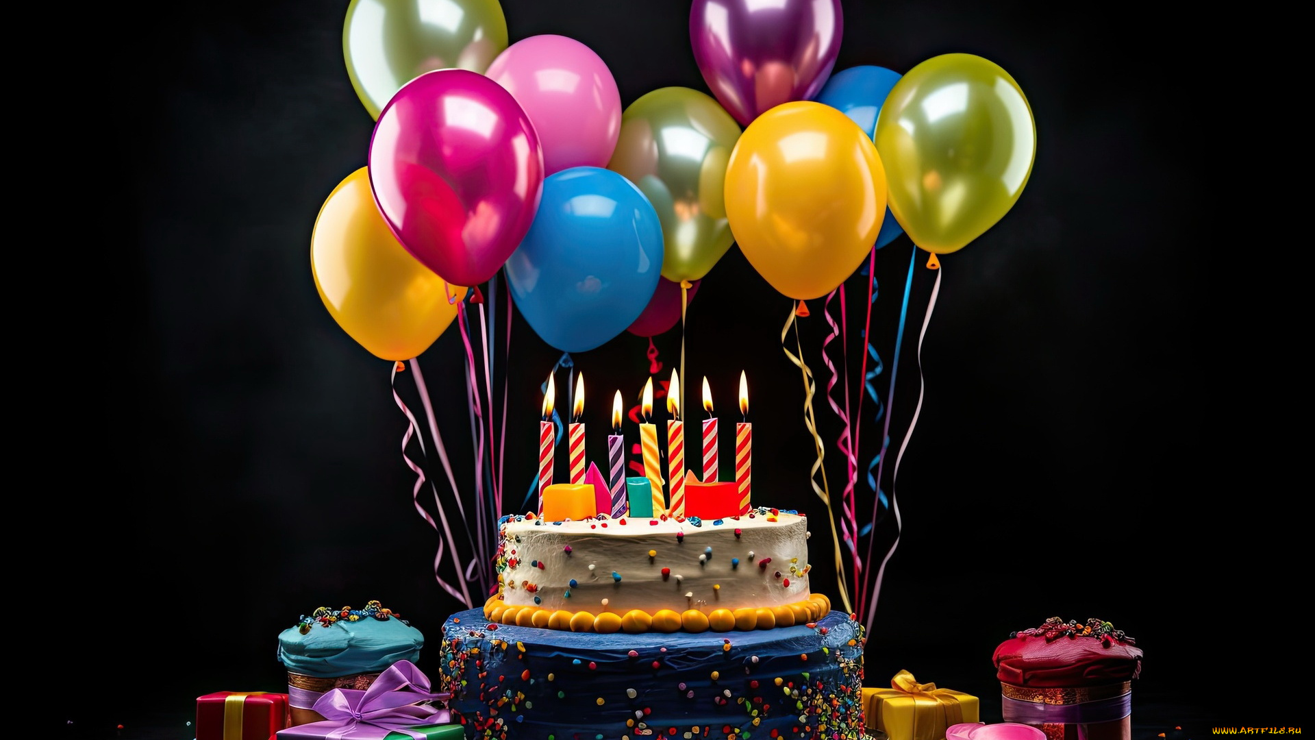 3д, графика, праздники, , holidays, подарки, торт, свечи, шарики