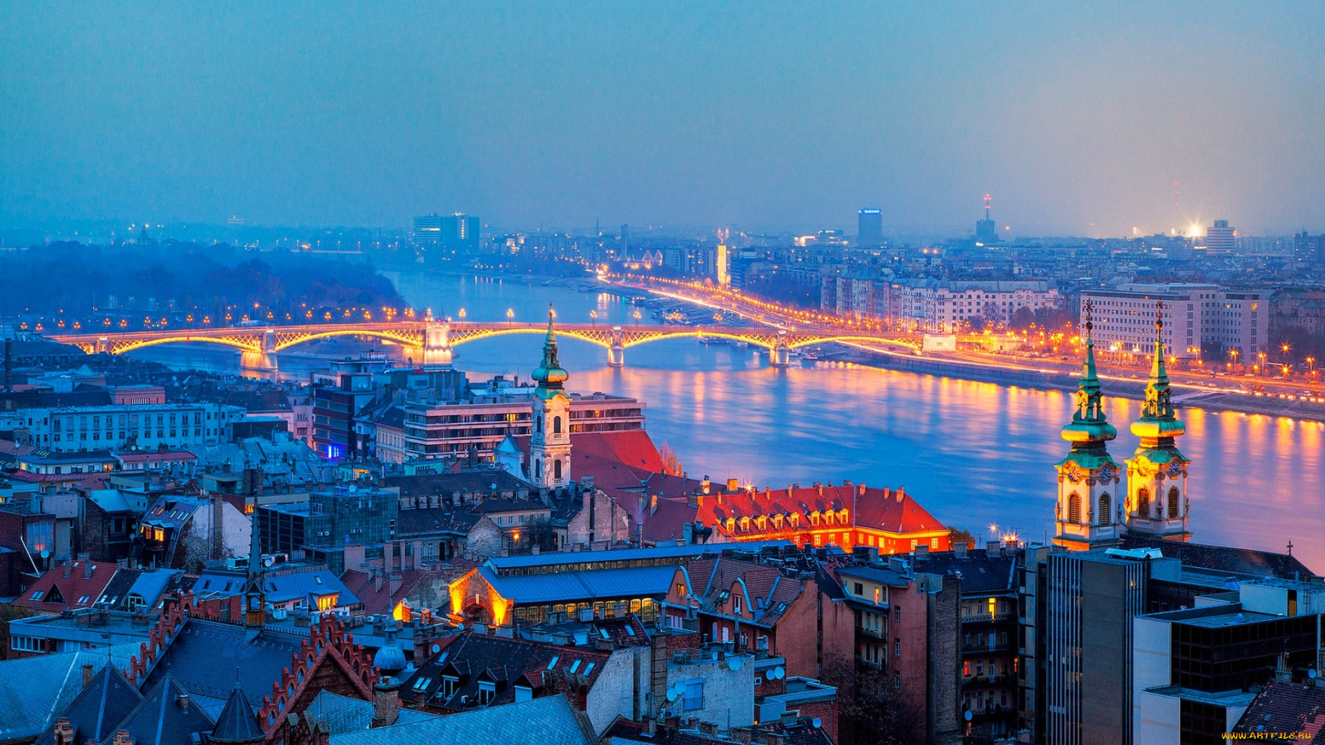 города, будапешт, , венгрия, вечер, панорама, огни, здания, река, мост