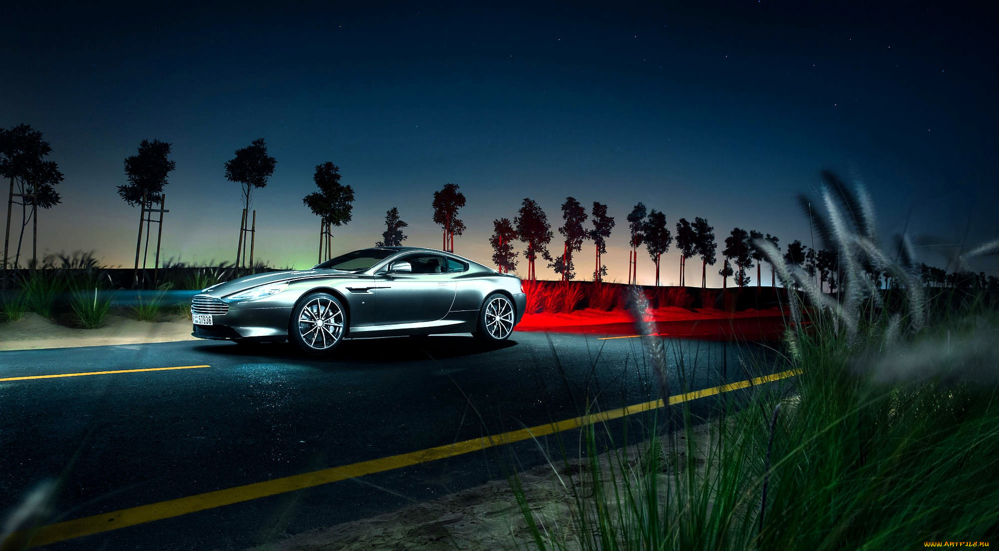 aston, martin, db9, автомобили, aston, martin, серебристый, дорога, трава, деревья