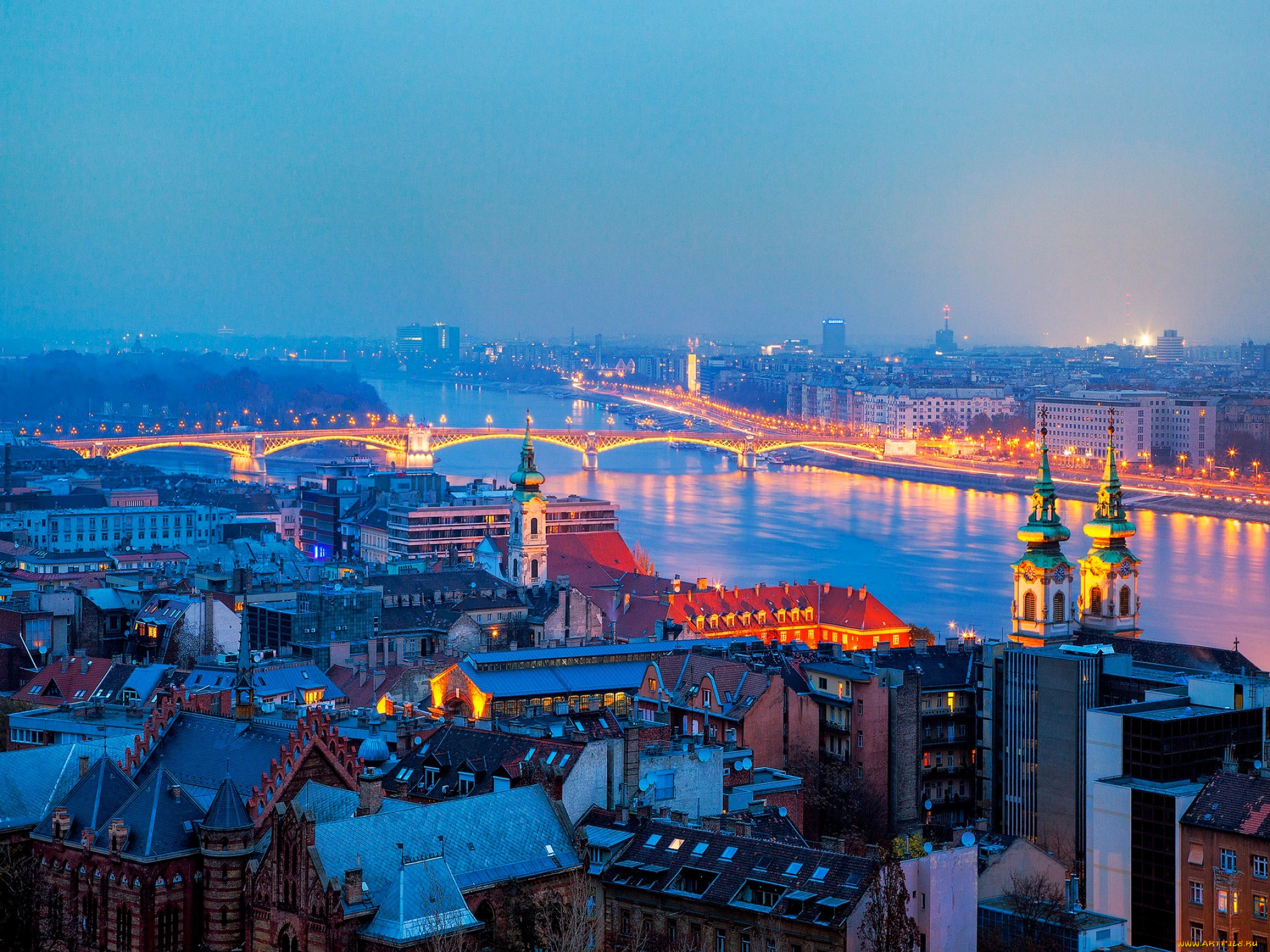 города, будапешт, , венгрия, вечер, панорама, огни, здания, река, мост