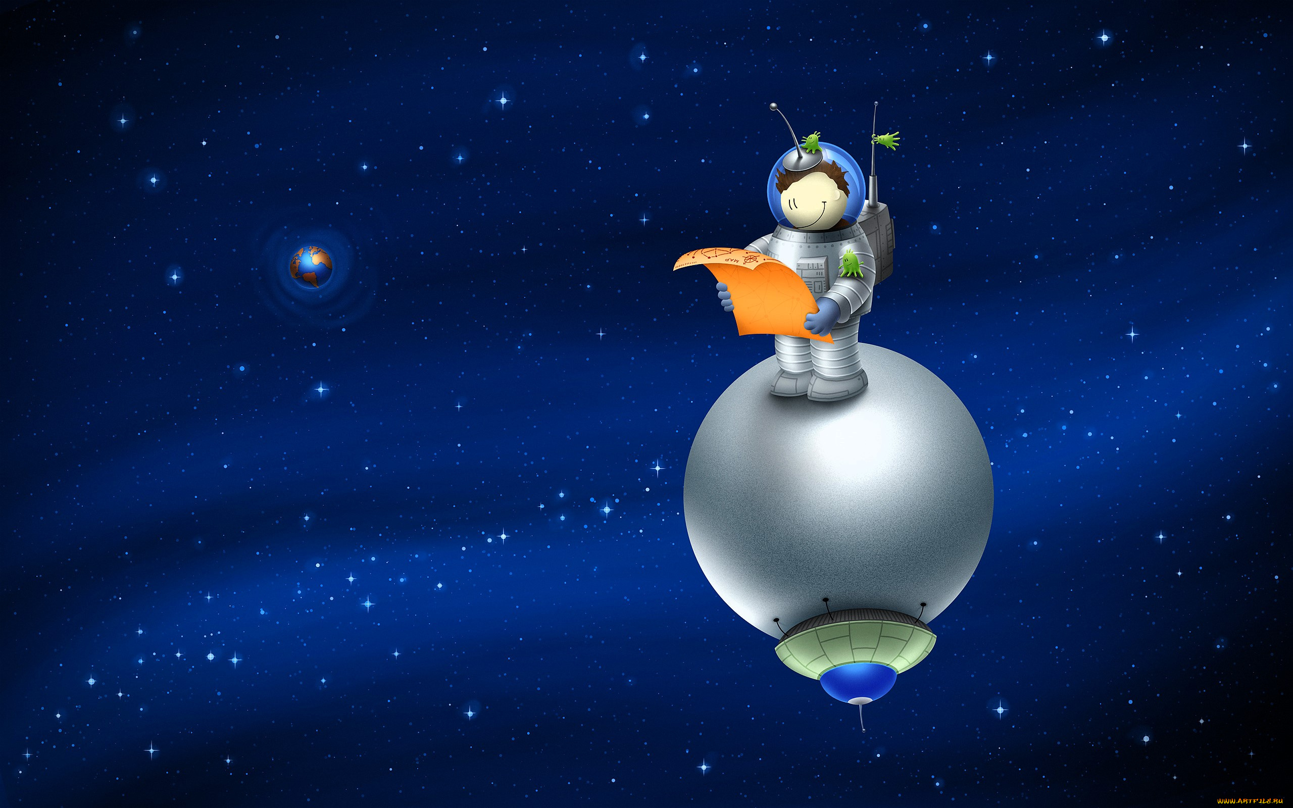 рисованное, vladstudio, космос, планеты, летающая, тарелка, астронавт, карта