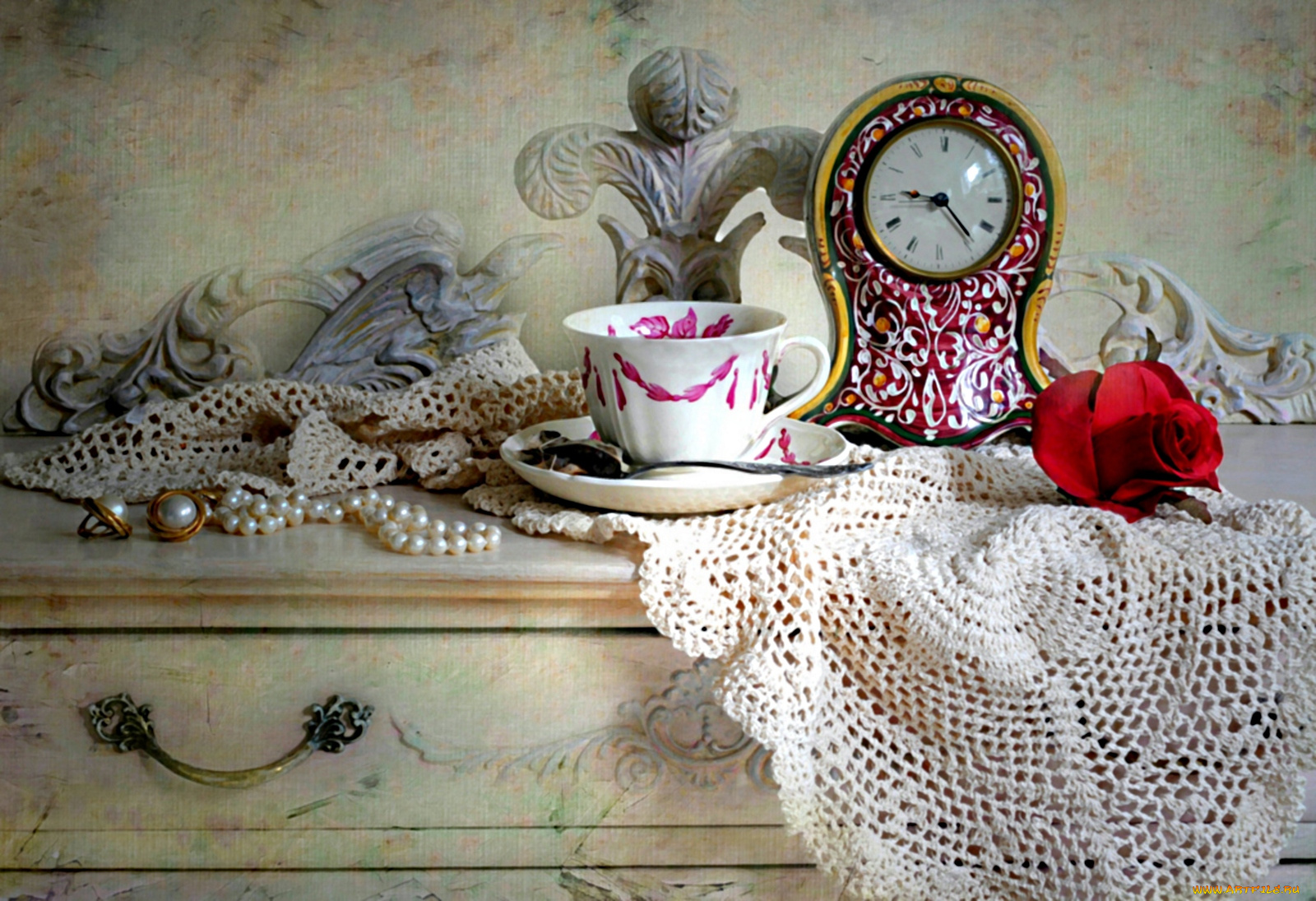 разное, Часы, часовые, механизмы, часы, бусы, чашка, салфетка, роза