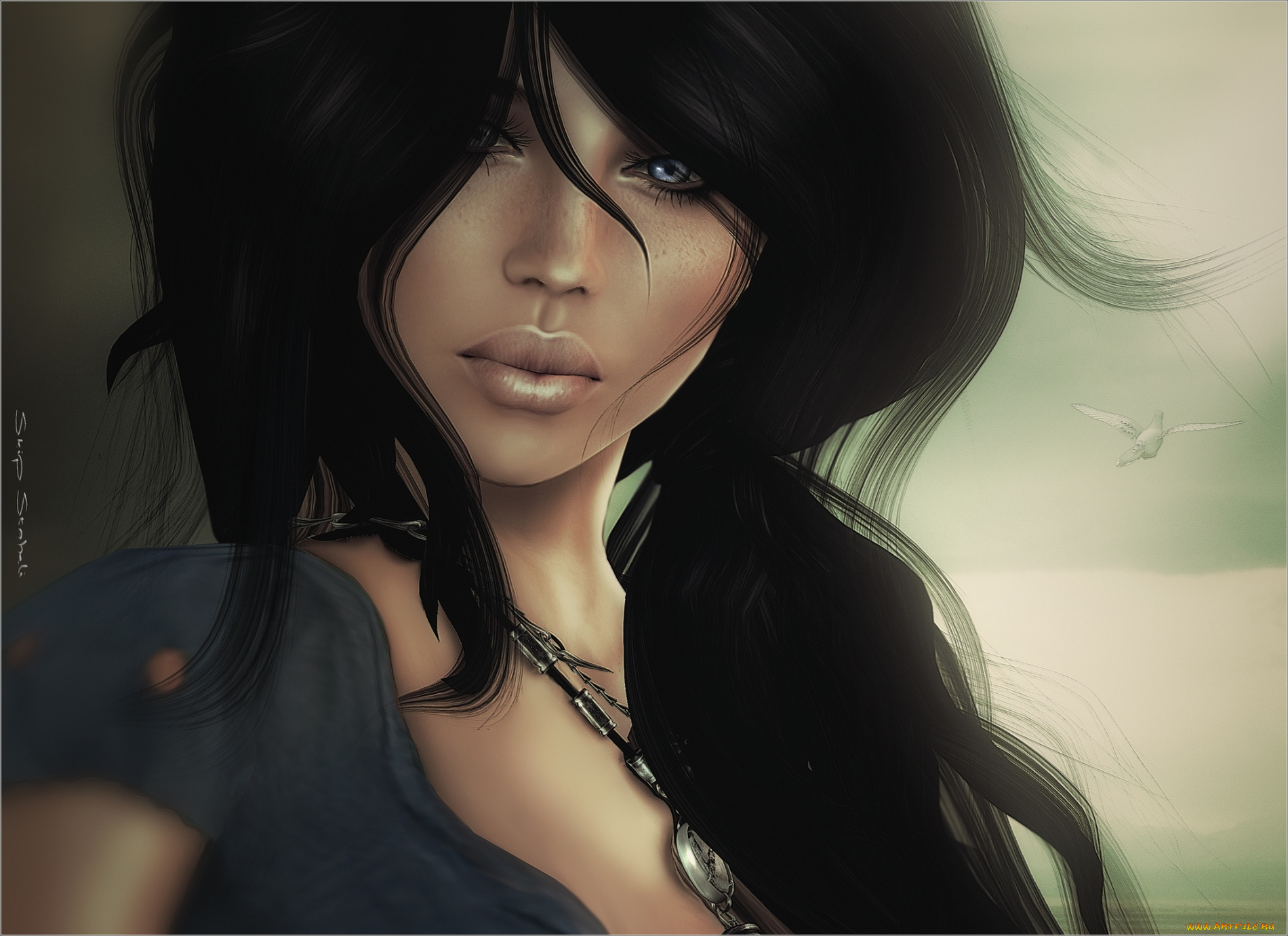 3д, графика, portraits, портрет, волосы, брюнетка, девуша