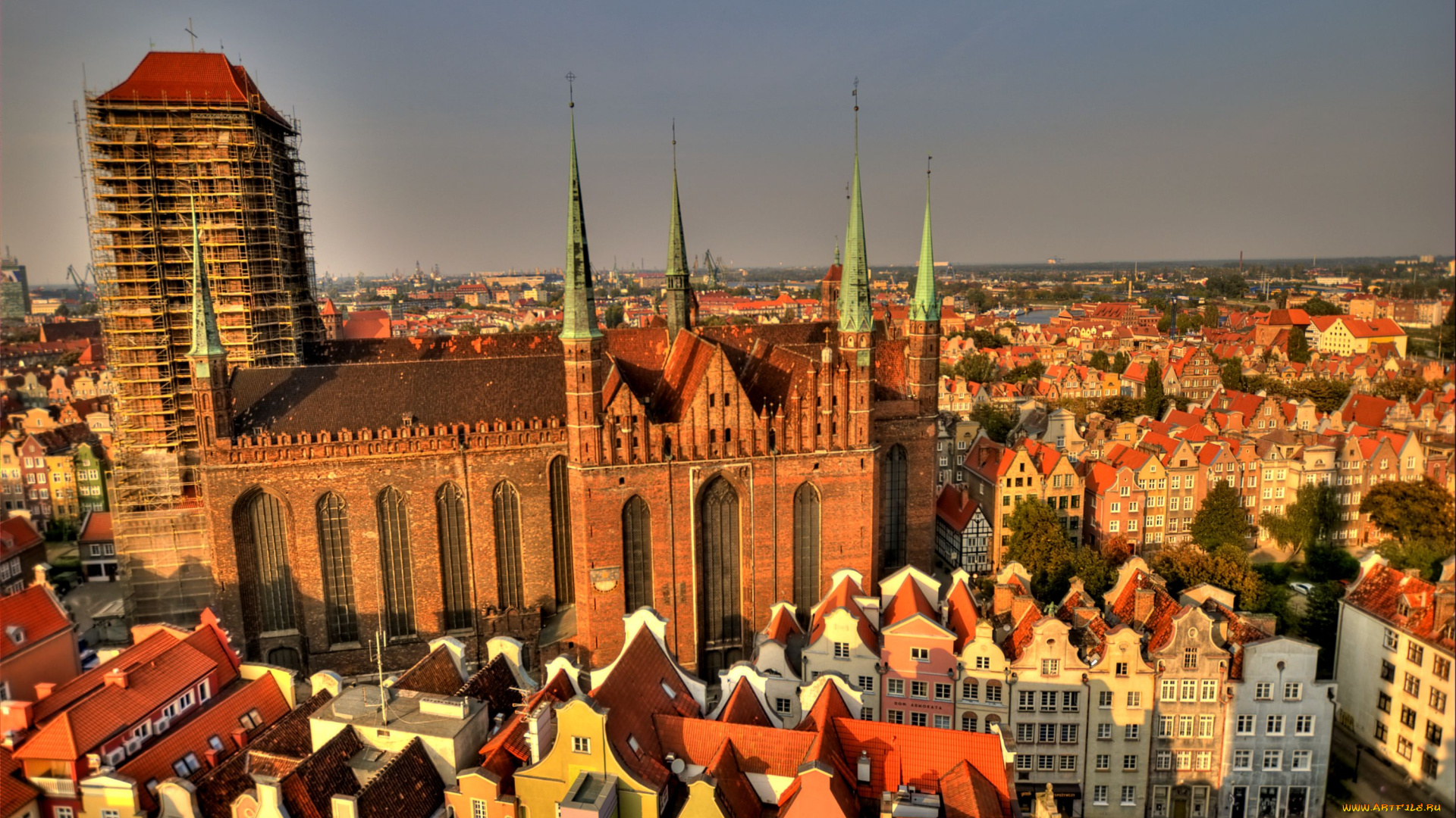 гданьск, польша, города, шпили, крыши, здания