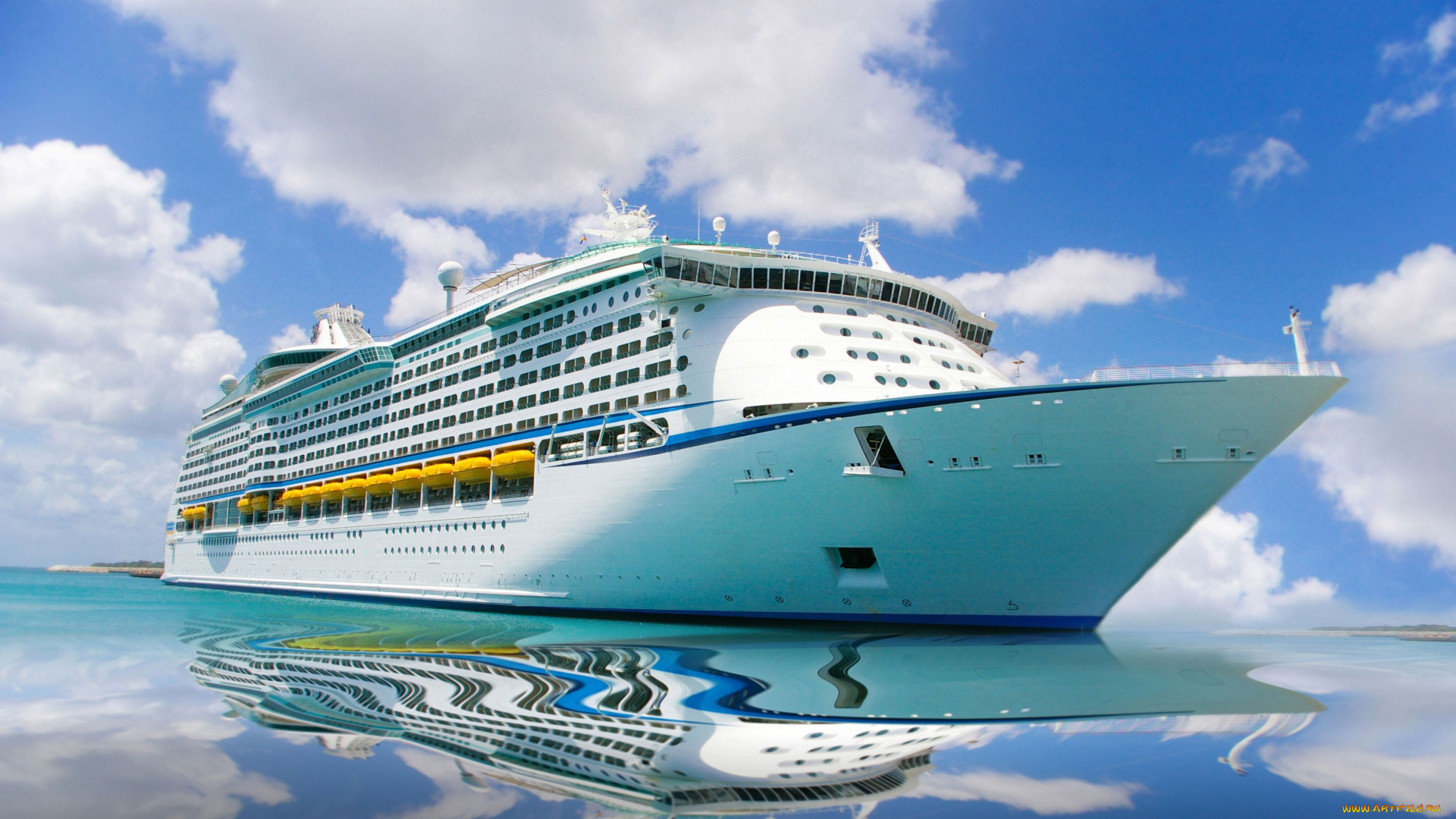 корабли, лайнеры, море, отражение, облака