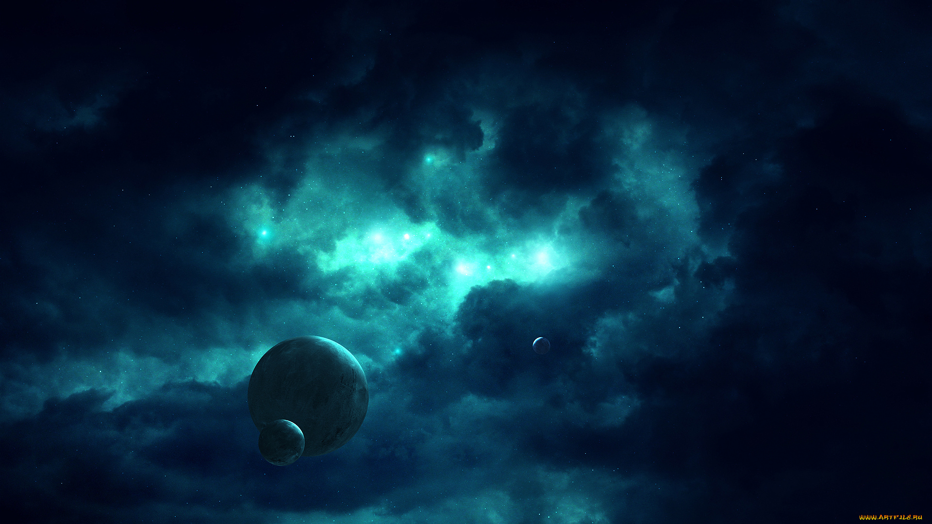 космос, арт, темнота, даль, планета, звезды