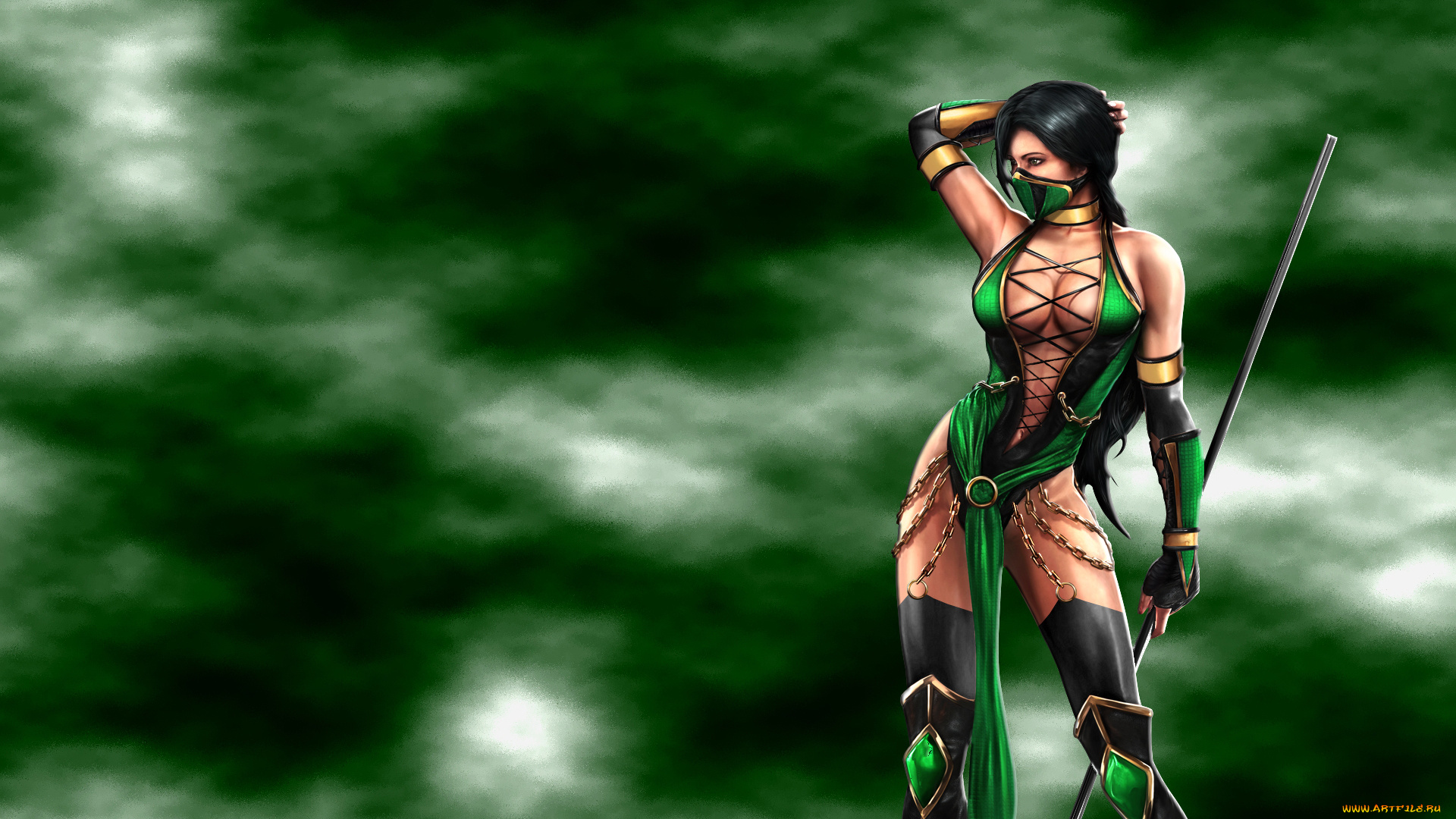mortal, kombat, видео, игры, 2011, девушка, смертельная, битва, jade, зеленый, туман, палка
