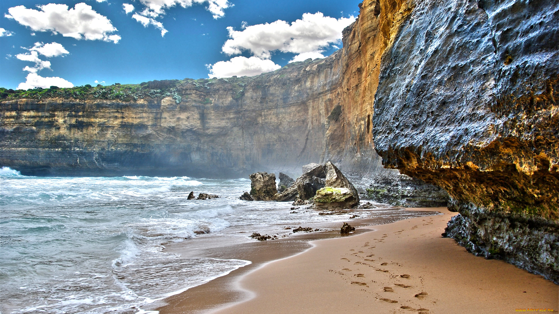 природа, побережье, море, берег, утес, песок, следы