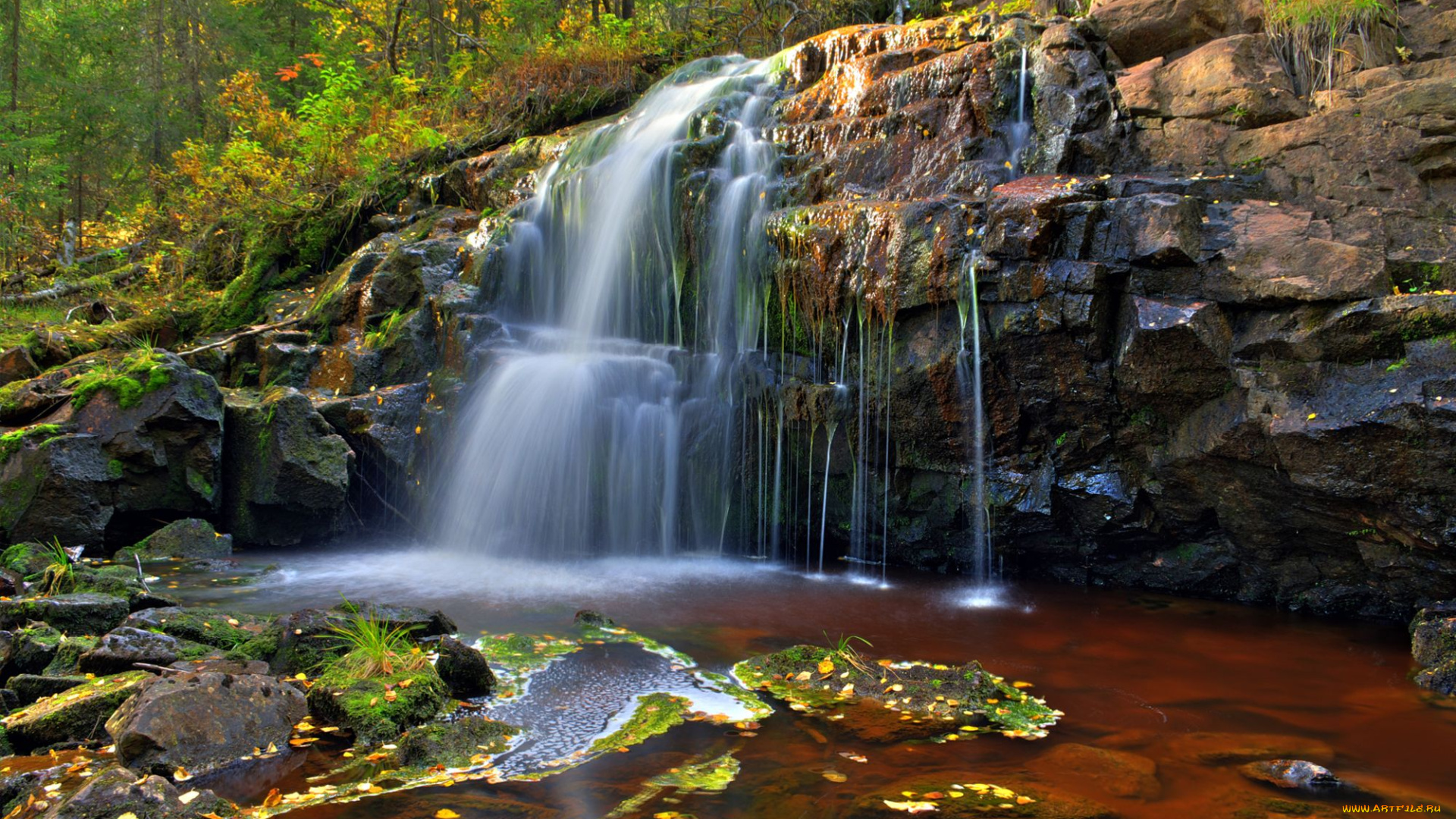 природа, водопады, поток, вода, лес, камень