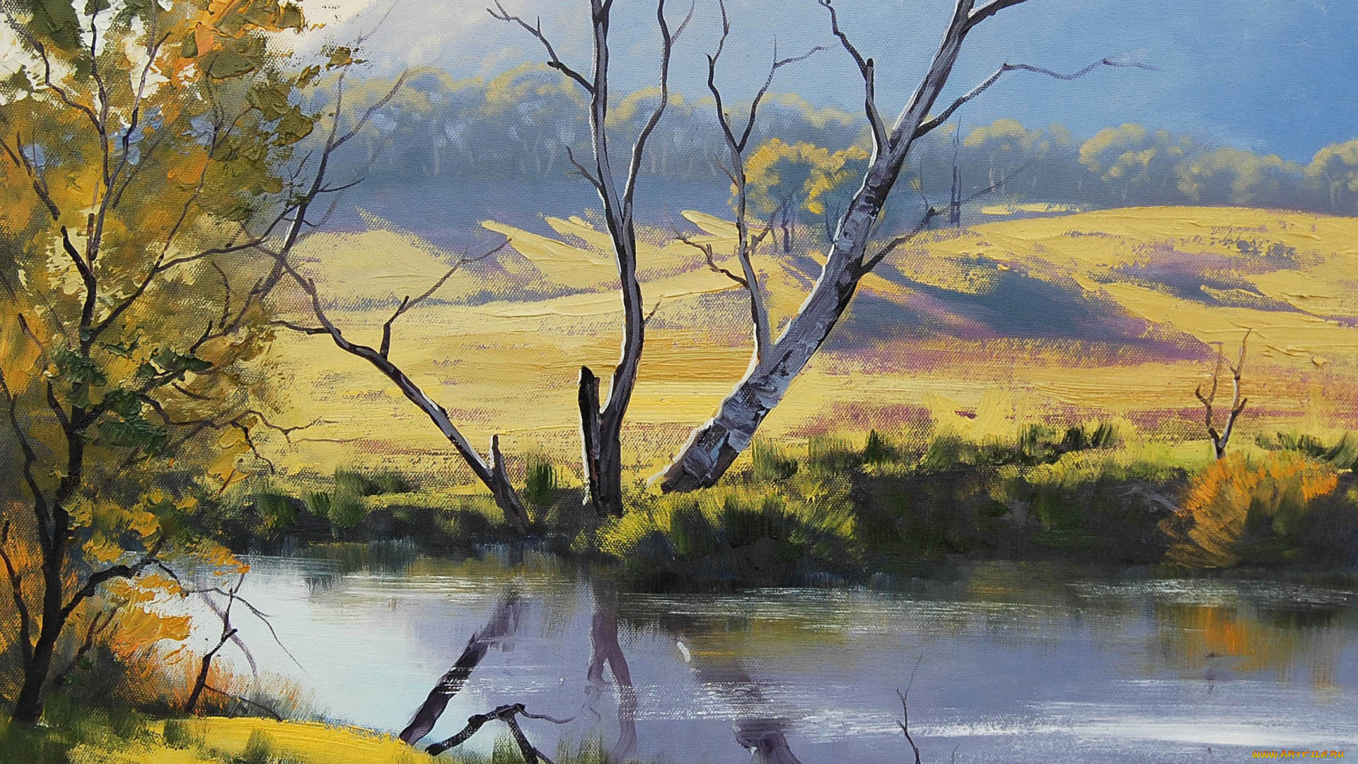 рисованные, graham, gercken, река, деревья