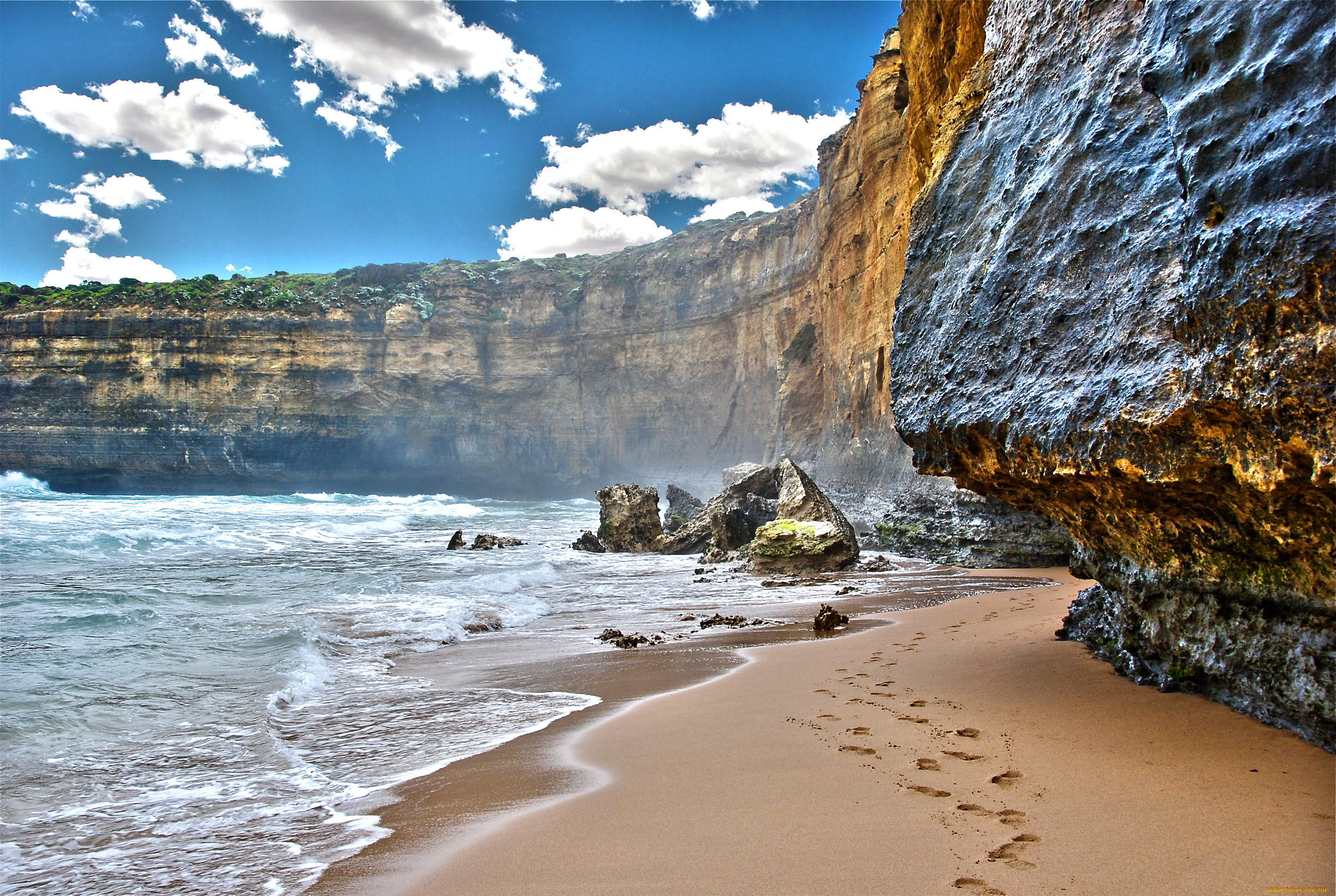 природа, побережье, море, берег, утес, песок, следы