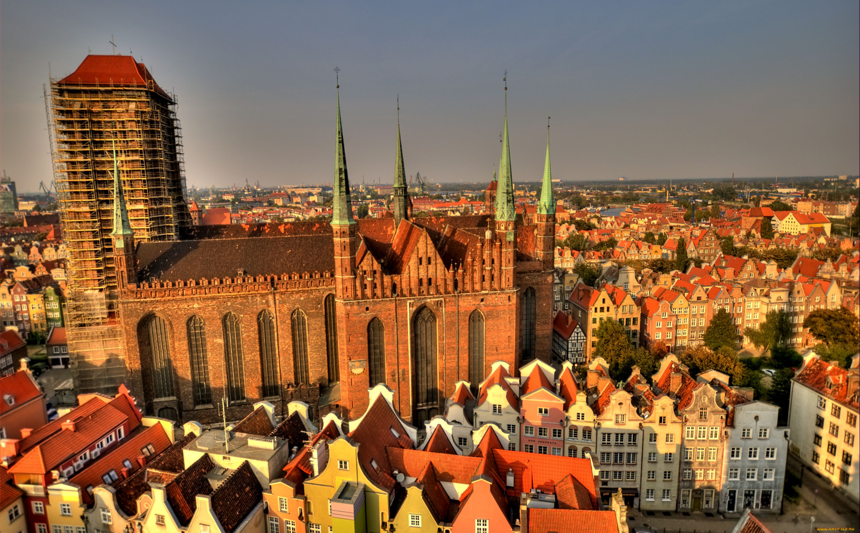 гданьск, польша, города, шпили, крыши, здания