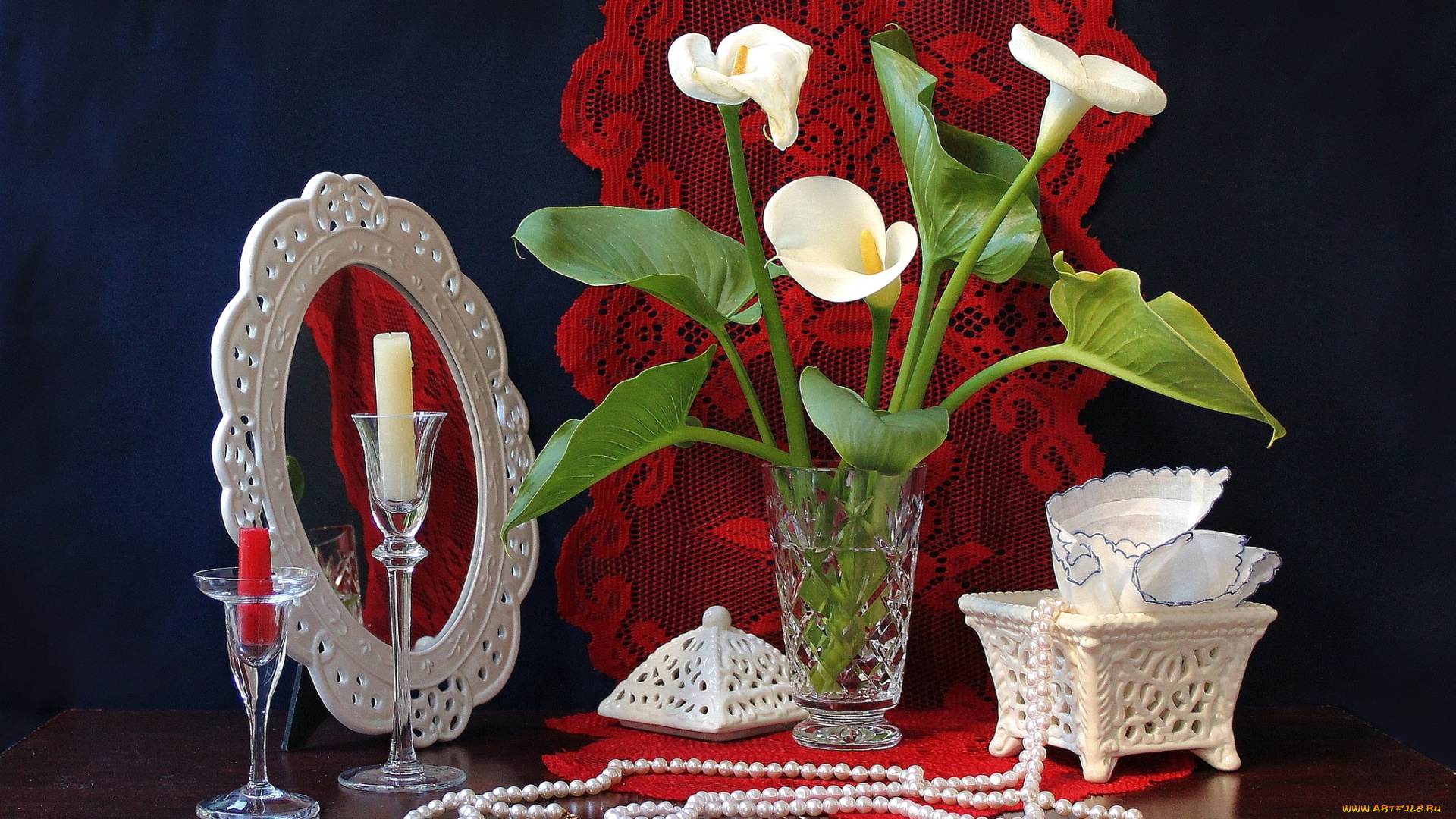 цветы, каллы, букет, ожерелье