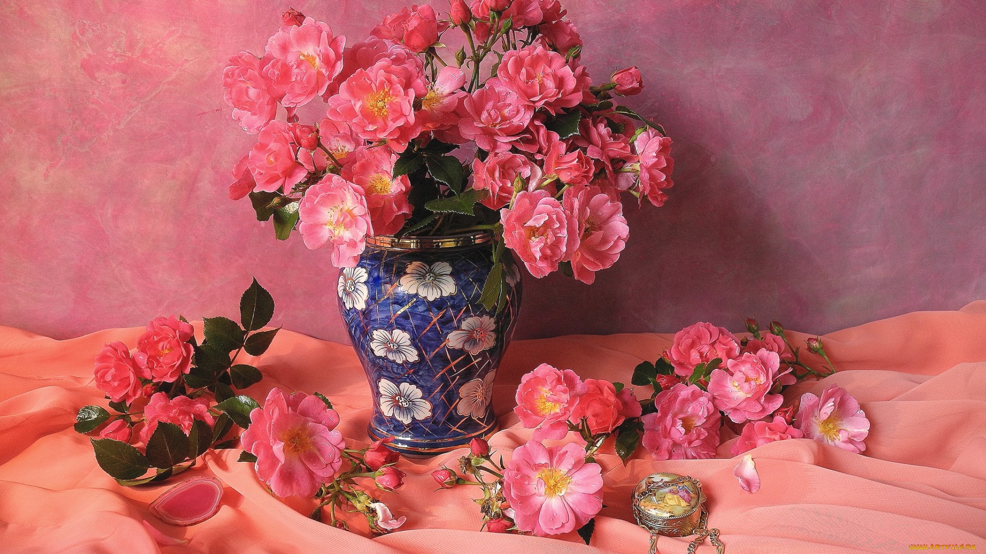 цветы, розы, капли, букет, ваза, лепестки