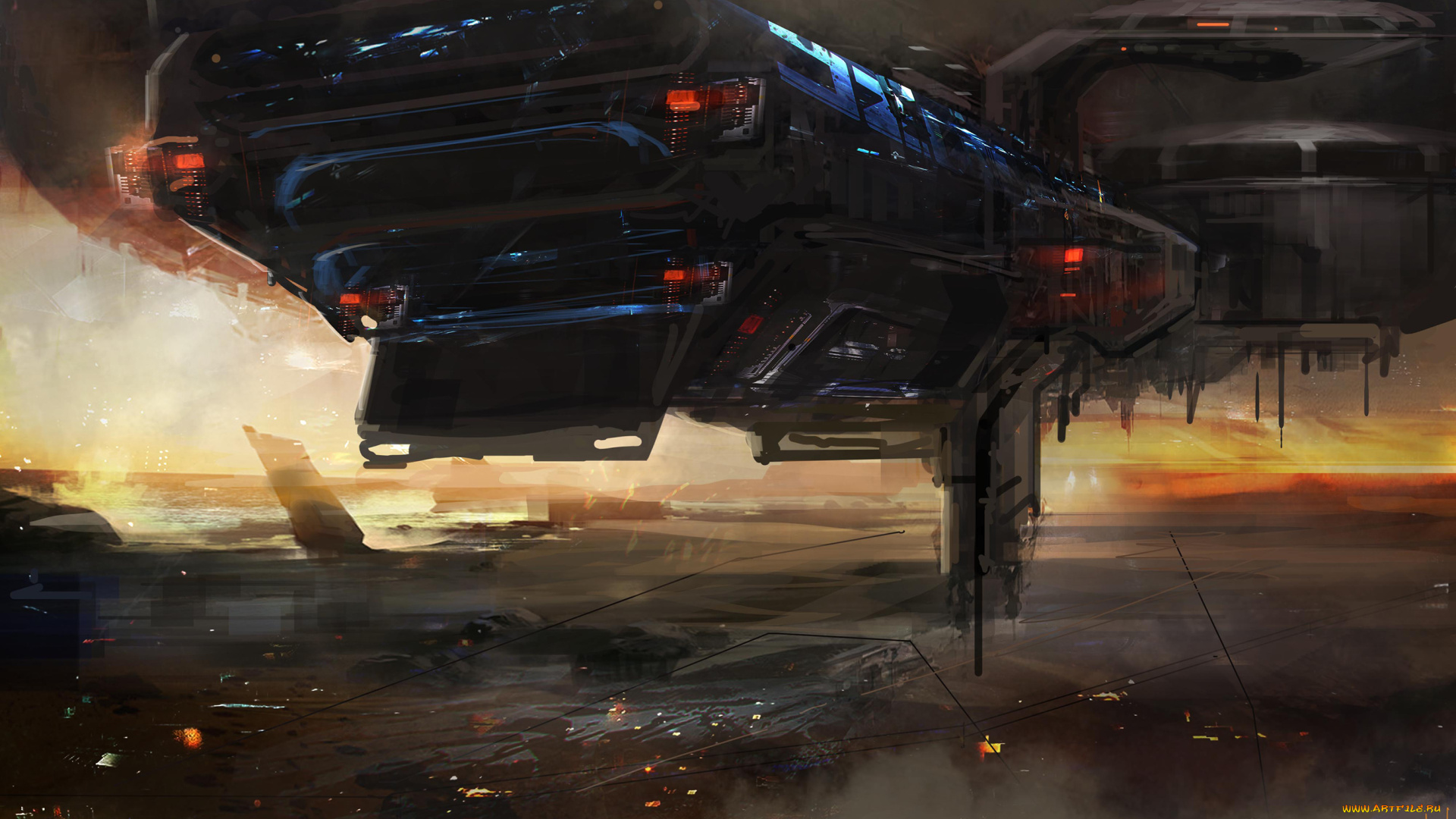 фэнтези, космические, корабли, звездолеты, станции, огни