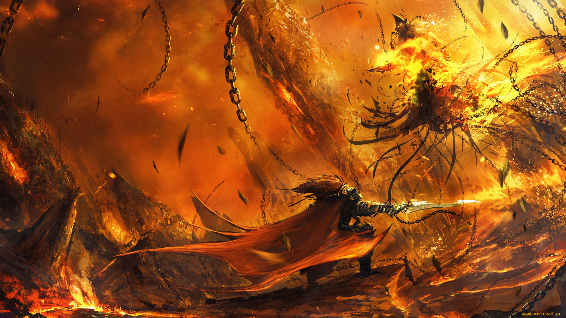 фэнтези, существа, огонь, цепь
