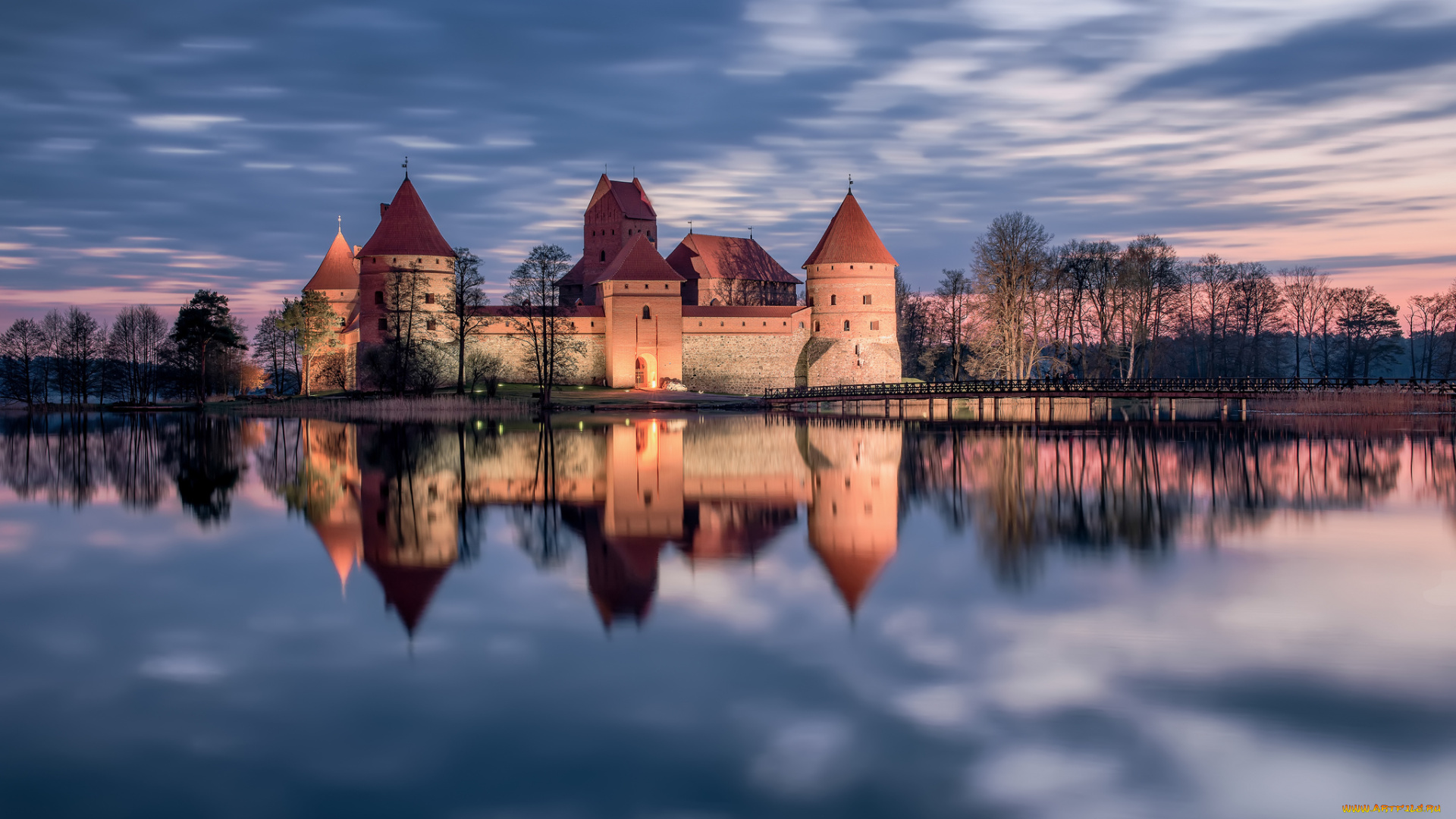 trakai, lithuania, города, дворцы, замки, крепости, тракай, литва, замок, озеро, отражение, закат