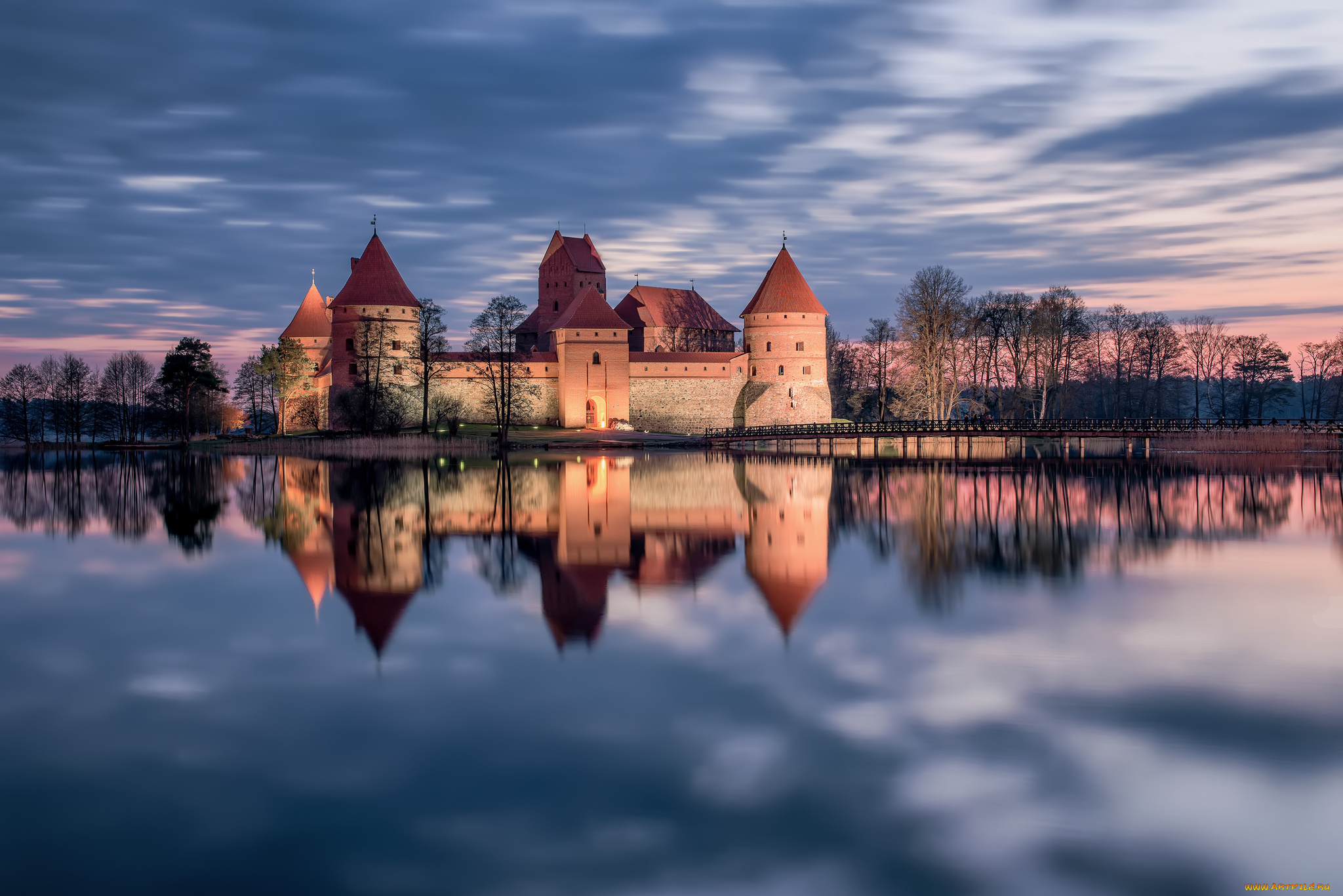 trakai, lithuania, города, дворцы, замки, крепости, тракай, литва, замок, озеро, отражение, закат