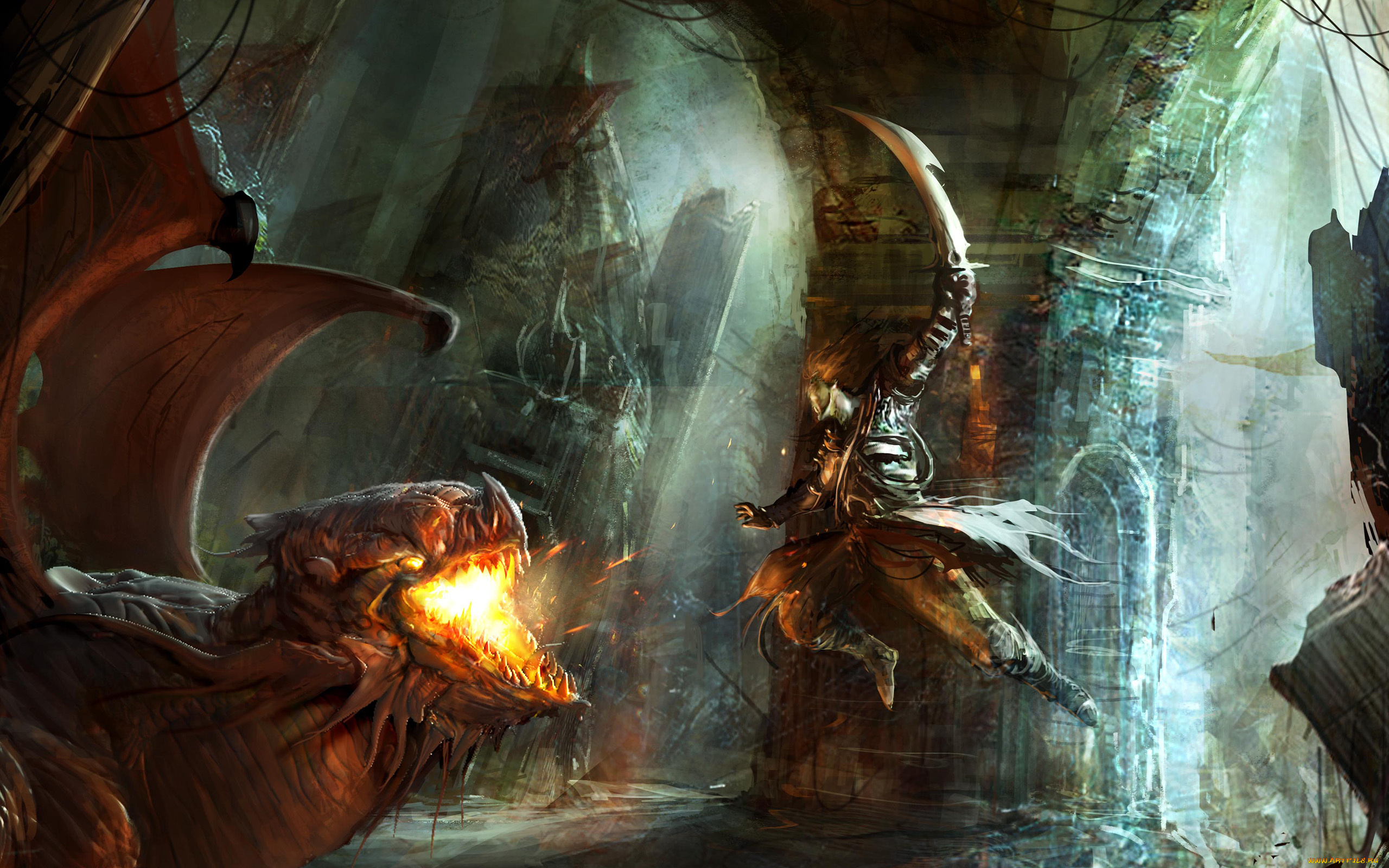 фэнтези, драконы, меч, огонь