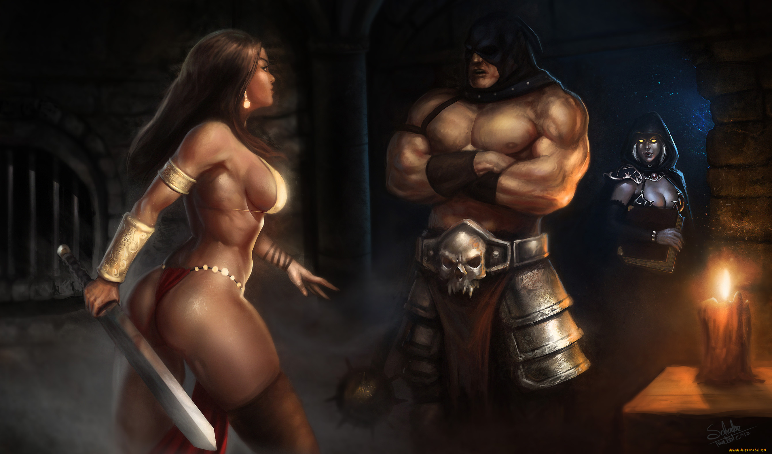 фэнтези, люди, булава, меч, палач, свеча