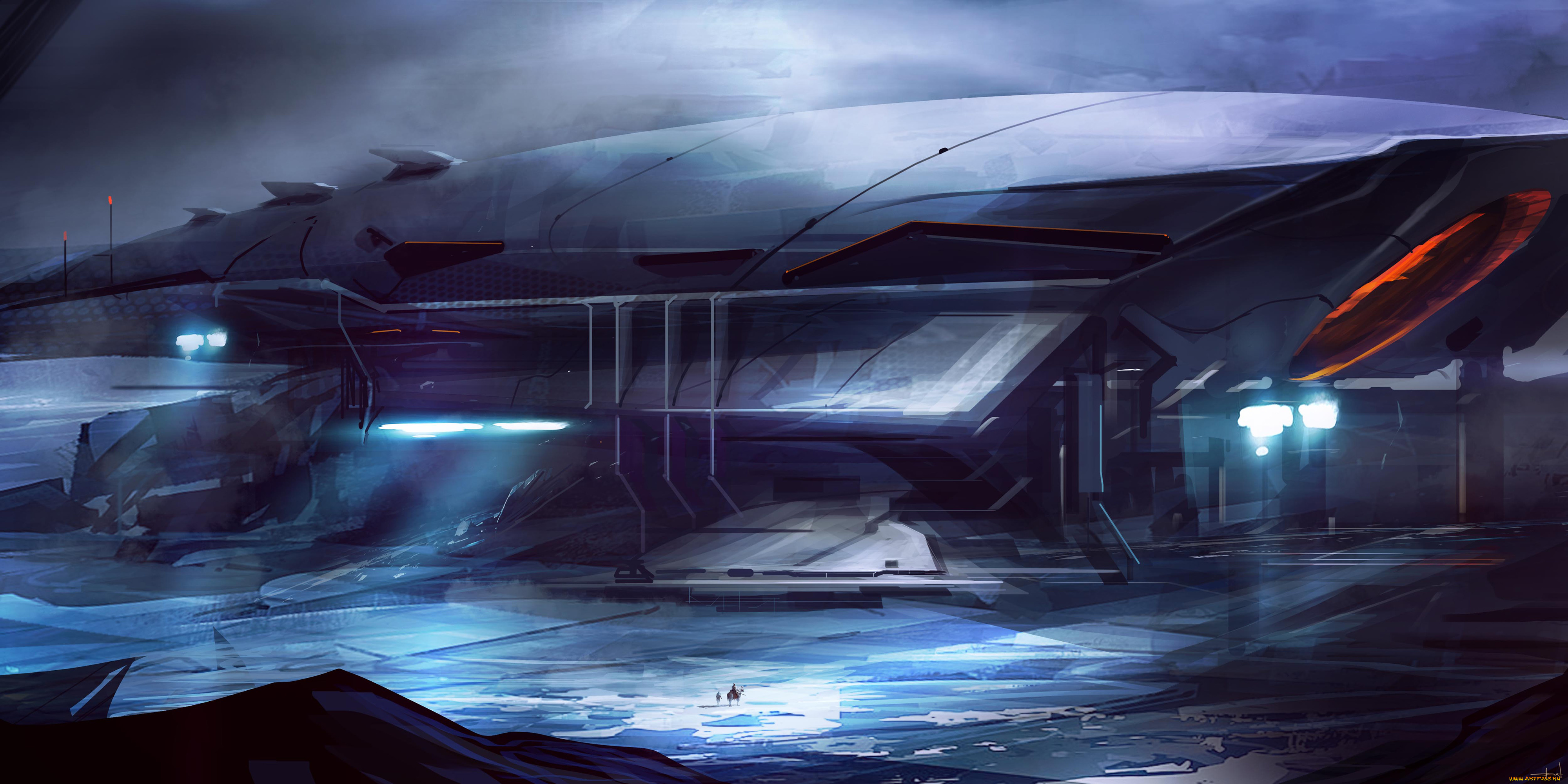 фэнтези, космические, корабли, звездолеты, станции, огни