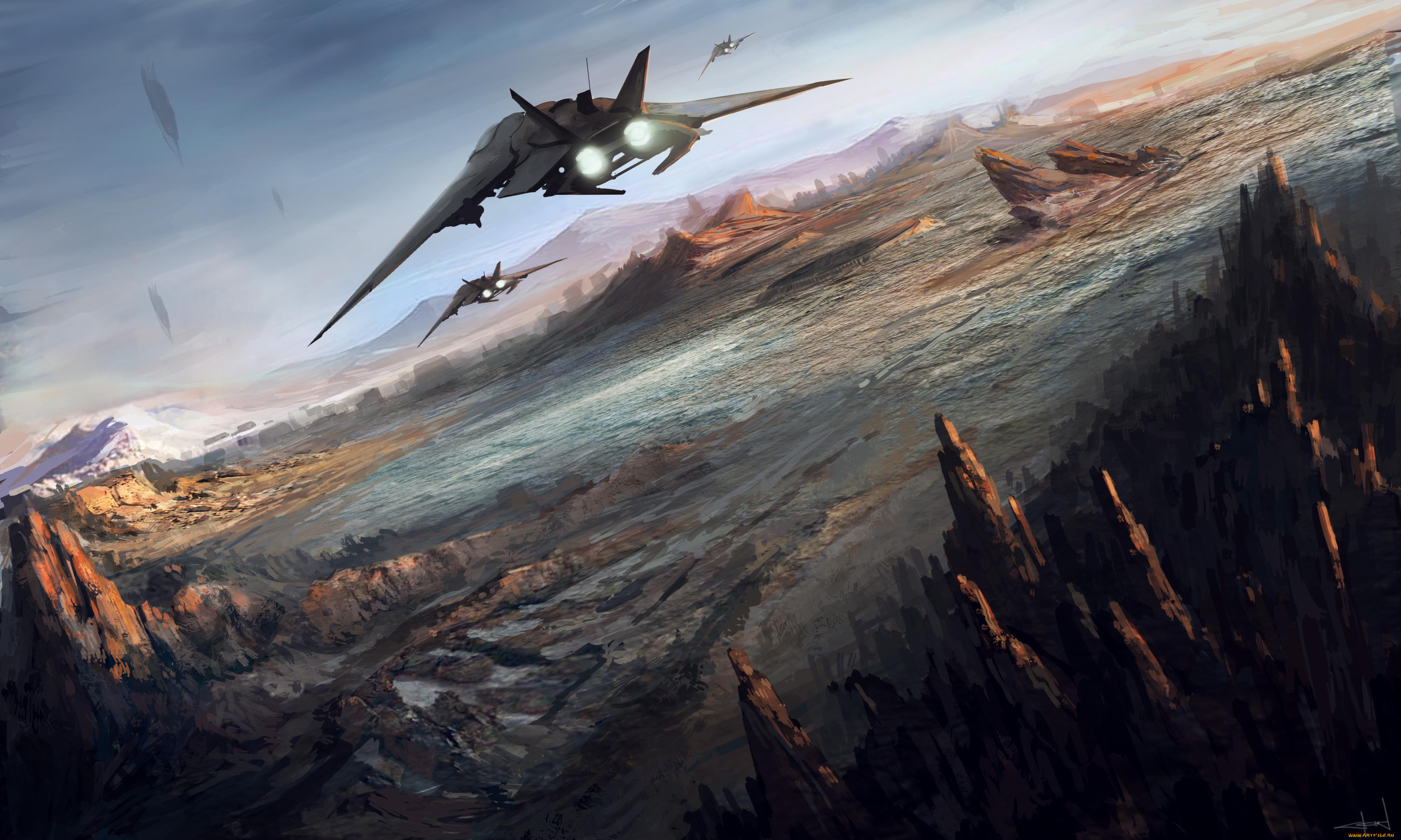 фэнтези, космические, корабли, звездолеты, станции, горы