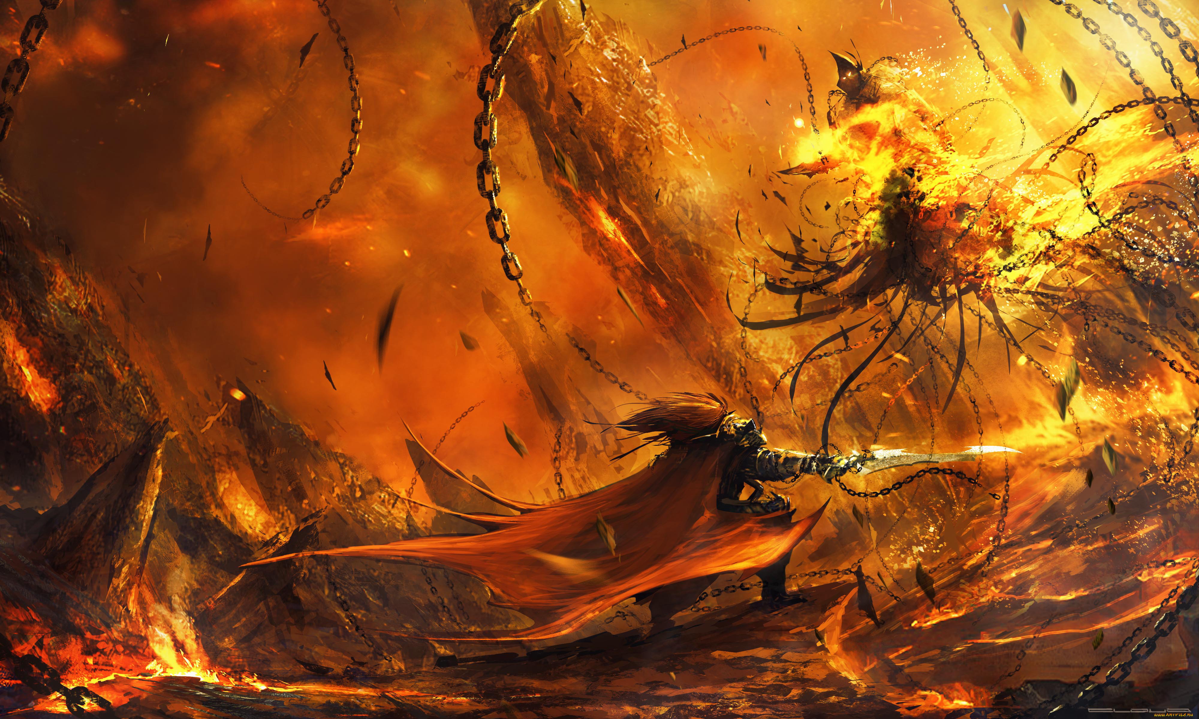 фэнтези, существа, огонь, цепь
