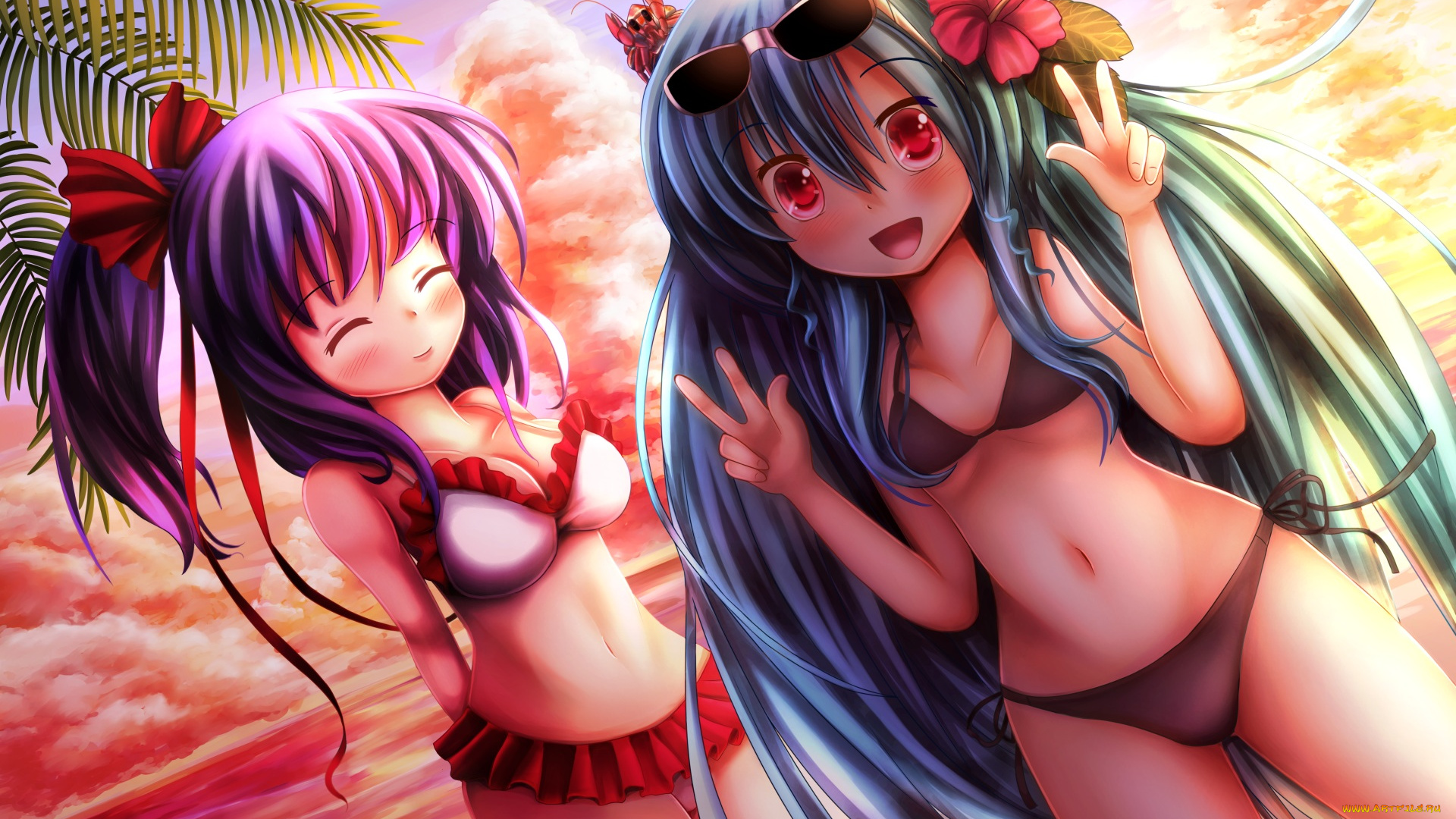 аниме, touhou, купальники, девушки, облака, закат, небо, листья