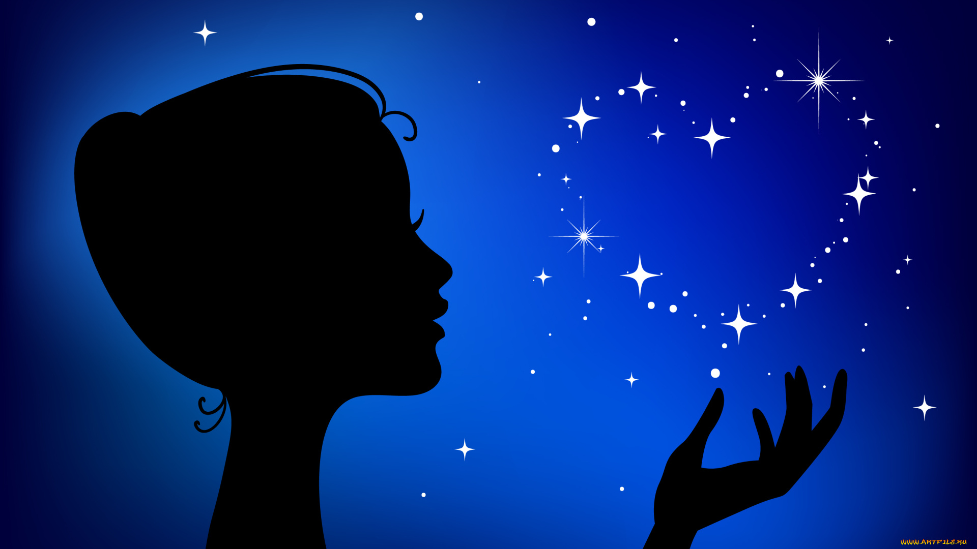векторная, графика, девушки, рука, ночь, сердце, силуэт, девушка, профиль, звезды