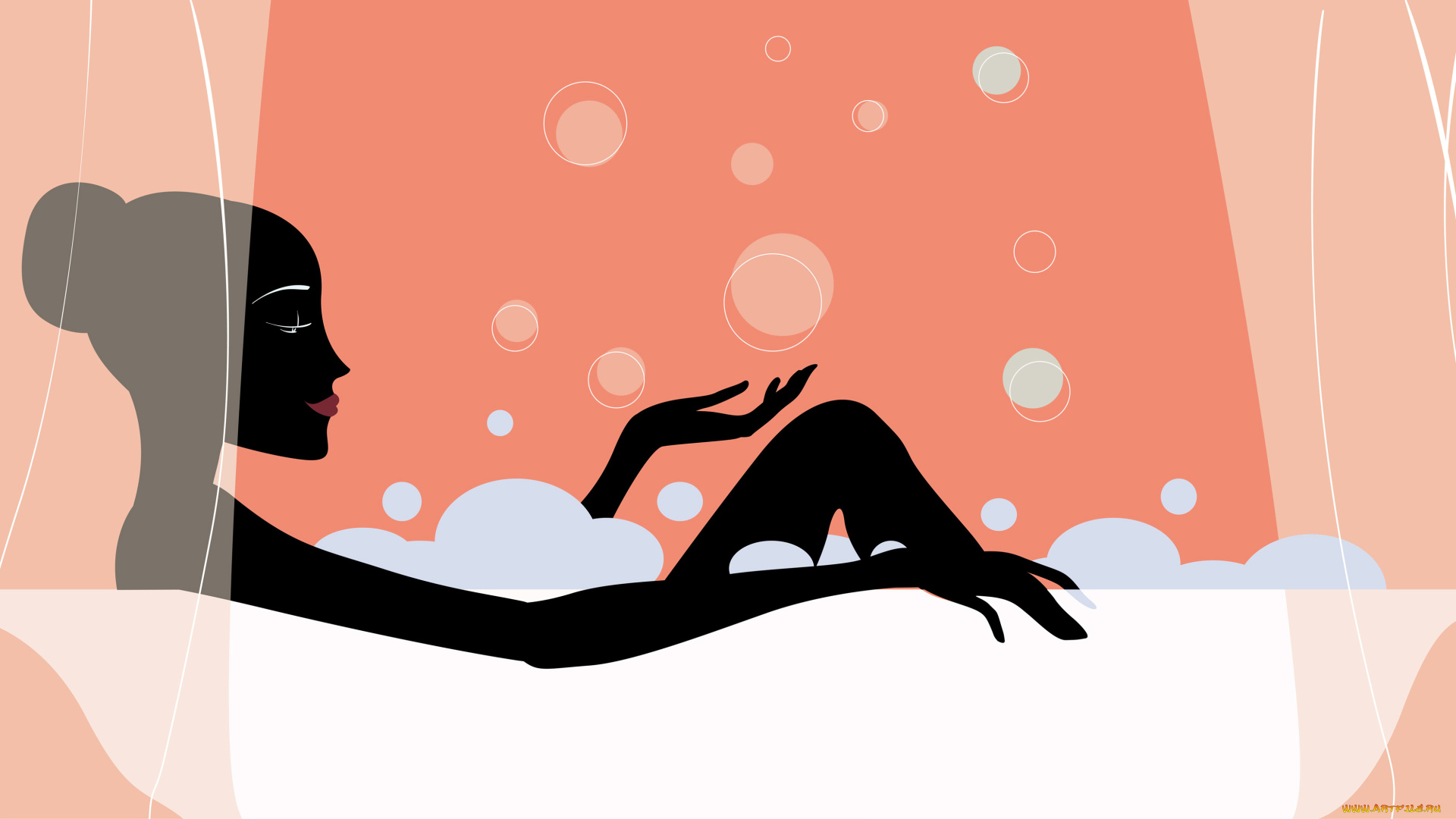 векторная, графика, девушки, улыбка, занавески, пена, ванна, девушка