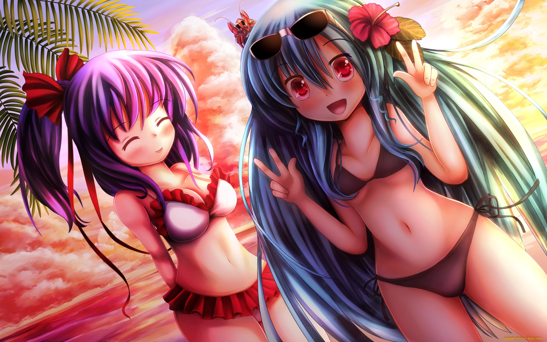 аниме, touhou, купальники, девушки, облака, закат, небо, листья