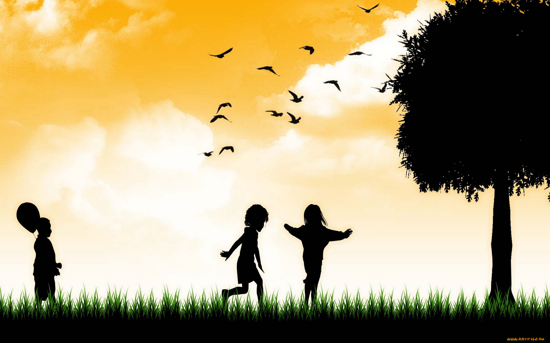 векторная, графика, дети, дерево