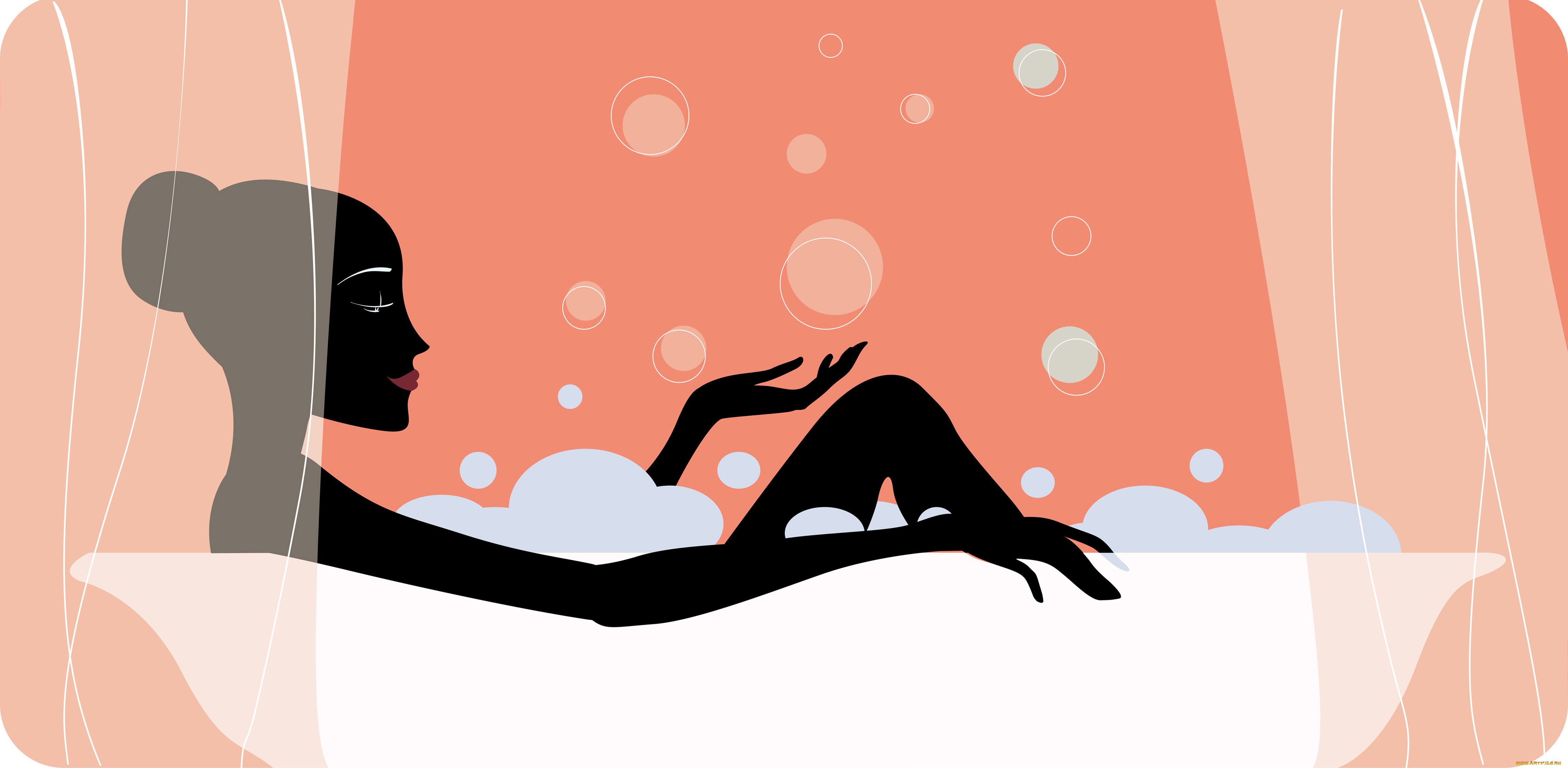 векторная, графика, девушки, улыбка, занавески, пена, ванна, девушка